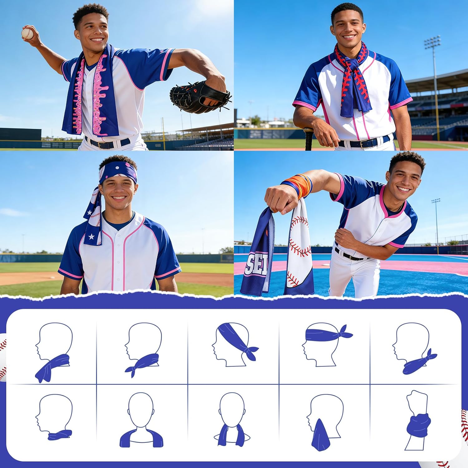 MENOLY 32 Packs Baseball Cooling Towels Bulk 40 x 12 Inch Sport Cooling Towels for Neck and Face Microfiber Sweat Breathable Cooling Neck Rags Baseball Team Gifts for Athletes Yoga Gym Sports Camping