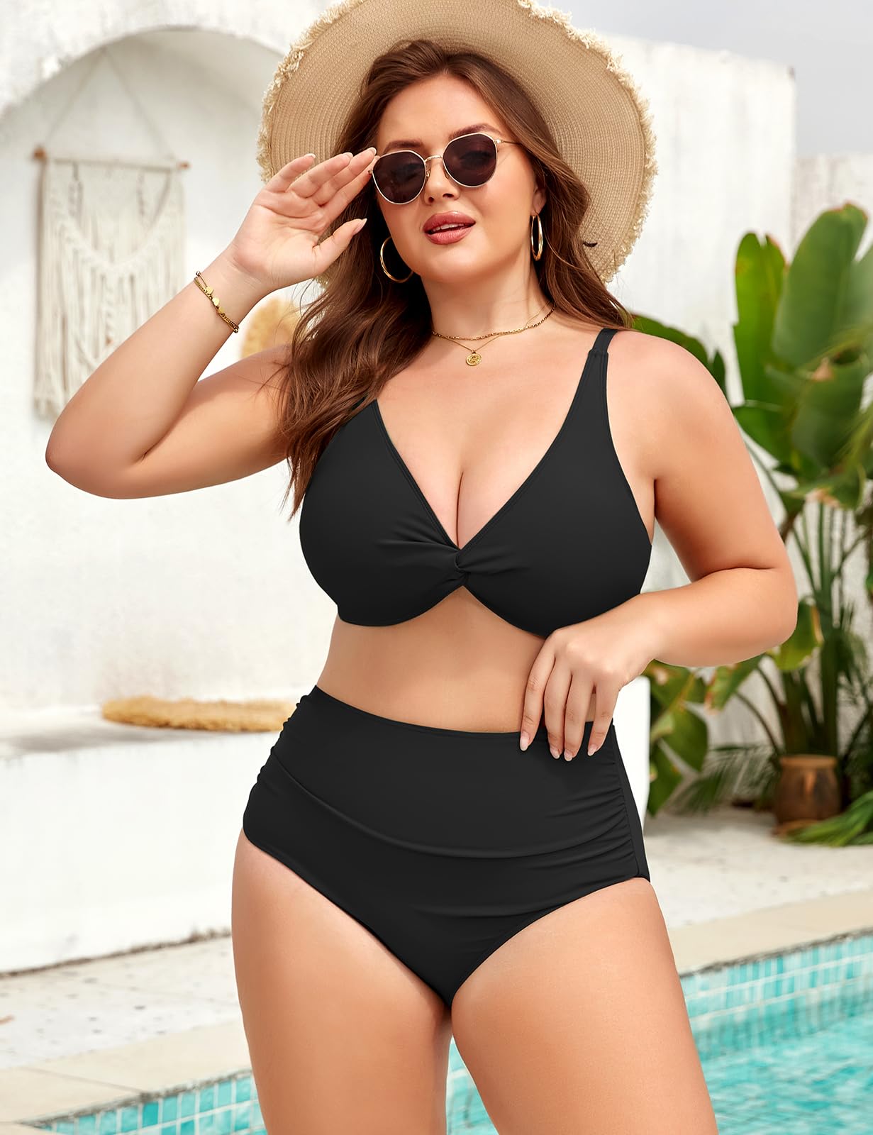 Costume Donna Due Pezzi Taglie Forti Vita Alta Costumi da Bagno Curvy Controllo Addominale Sexy Scollo a V Push Up Bikini L-4XL