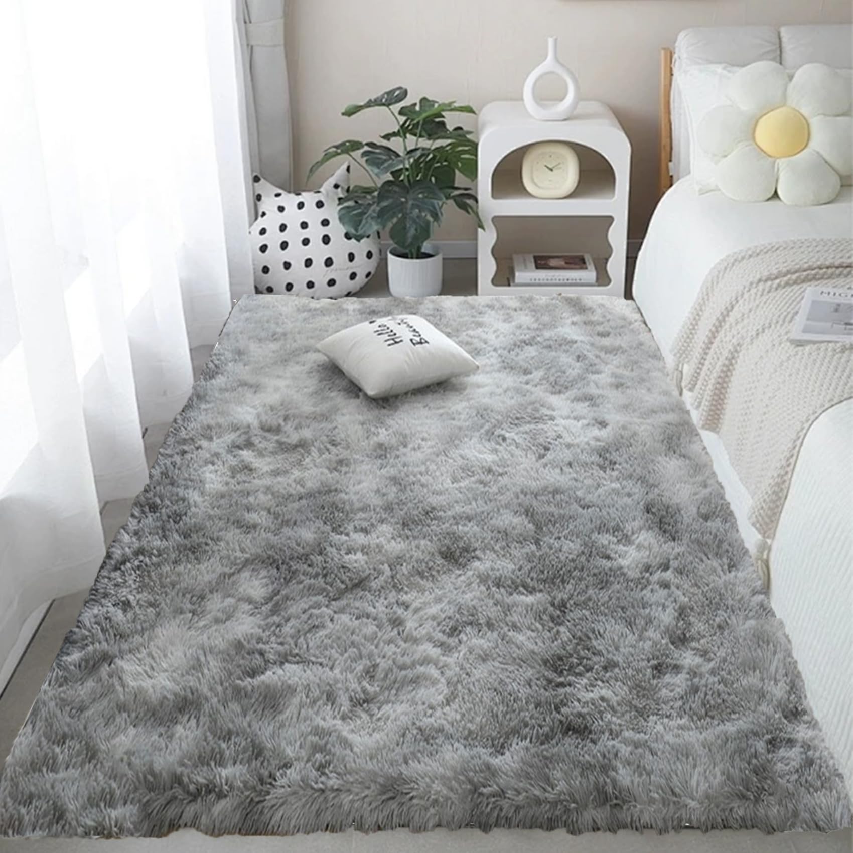 Tappeto a Pelo Lungo 110 x 110 cm, Moderno, Lavabile, Super Morbido Pelliccia Sintetica, Grandi Dimensioni, Fondo Antiscivolo, Tappeto per Terrazza, Grigio Chiaro