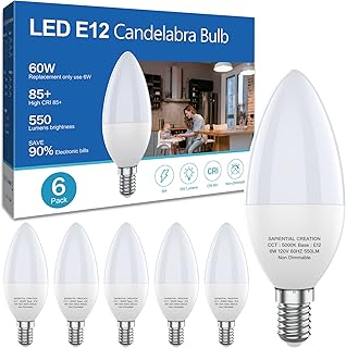 Sapiential Creation E12 Candelabra LED Light Bulbs 60W Equivalent Ceiling Fan Candle Light Bulbs Small Base 5000K,B11 led Type b Chandelier Candelabra Light Bulbs,120V Non-Dimmable,6 Pack