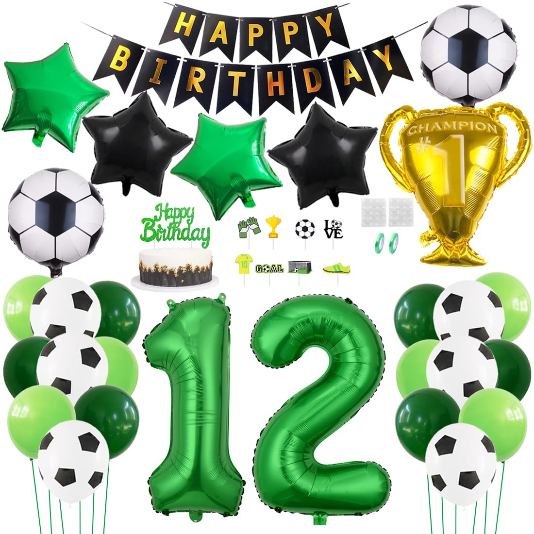 Daimay 29PCS Soccer Birthday Party Decoration Sports Theme Football Party Supplie Champion Trophy Foil Balloon 12nd Happy Birthday Banner Green White