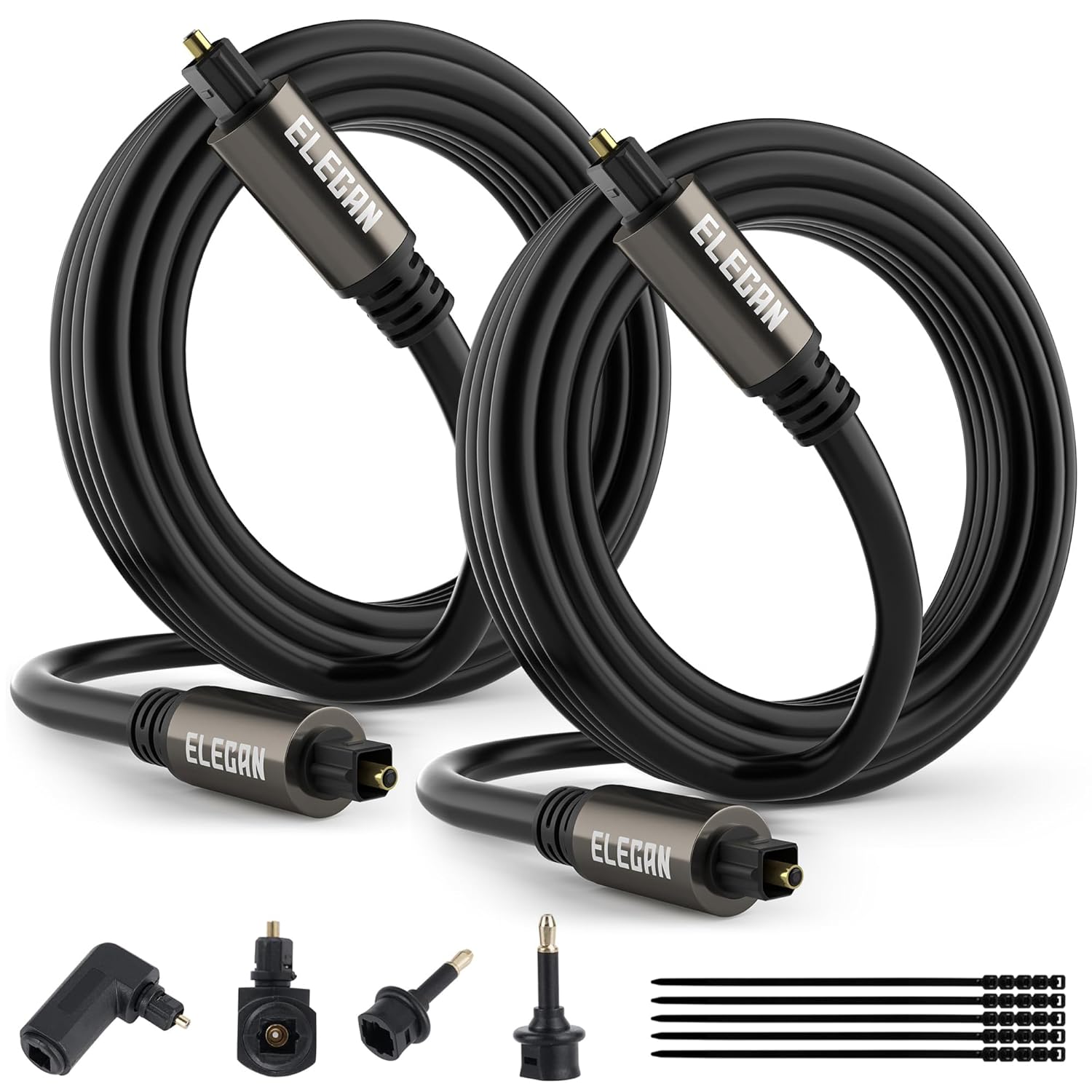 Elecan Optical Audio Cable 100 Ft Digital Audio Toslink Cable Cord-Fiber Optic-Gold Plated-Flexiable&Durable-for Home Theater,Sound Bar,PS4&Xbox-with 4 Right Angled and Mini Toslink Adapters+Ties