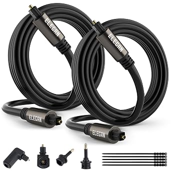 Optical Audio Cable 4 Ft/2 Pack Digital Audio Toslink Cable Cord-Fiber Optic-Gold Plated-Flexiable&Durable-for Home Theater,Sound Bar,PS4& Xbox-with Right Angled+Mini Toslink Adapters+Ties