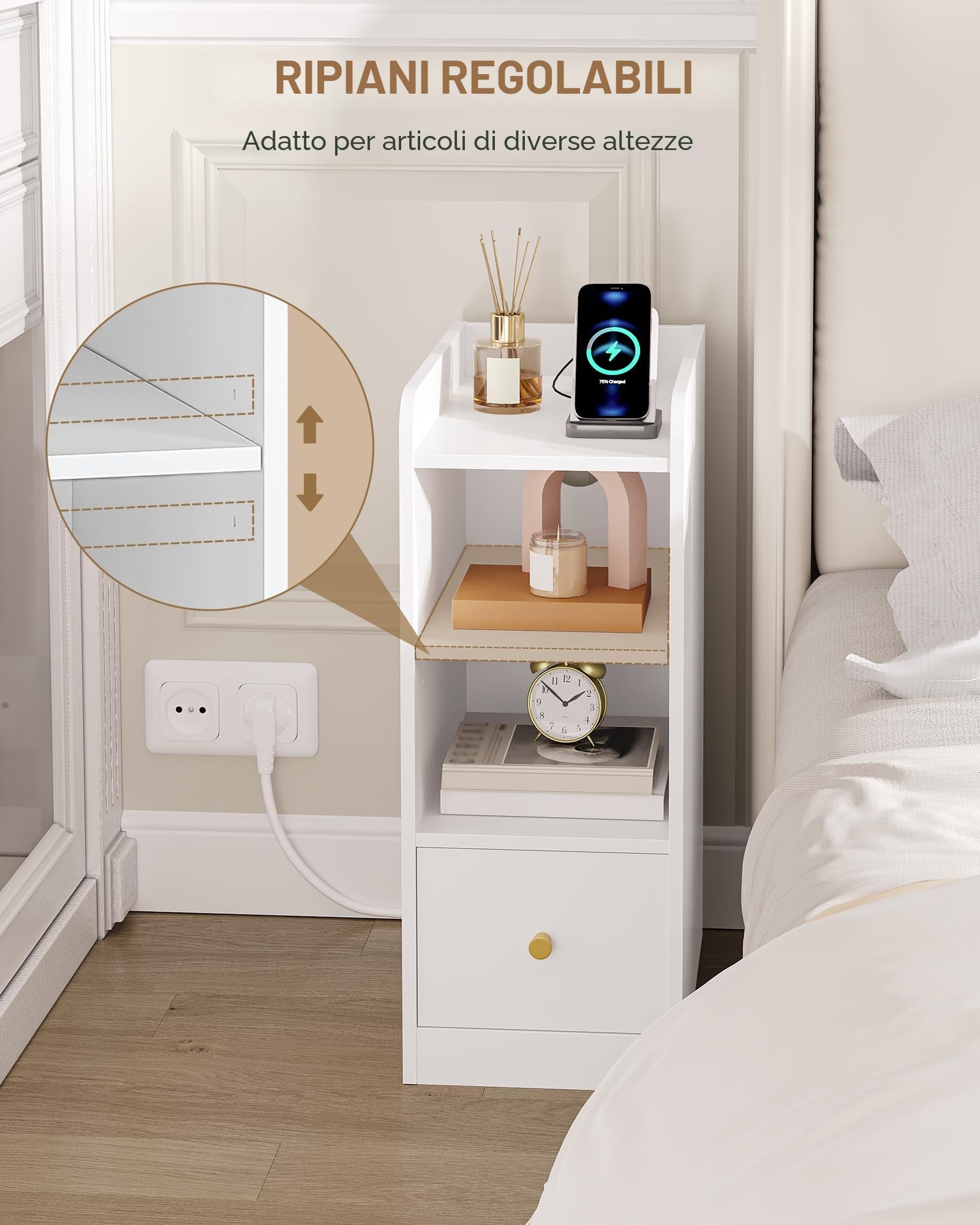 Hzuaneri Comodino Set di 2, con Stazione di Ricarica, Porta USB e di Tipo C, Tavolini Stretto, Spazio di Archiviazione a 3 Livelli con 1 Cassetto, per Camera da Letto, Soggiorno, Bianco NS36503X