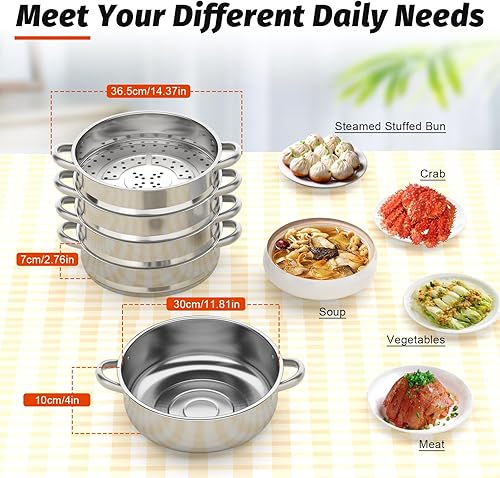Miniatura 4 de Vaporizadores de acero inoxidable de 5 niveles con tapa, utensilios de cocina multifuncionales de 11.8 pulgadas, olla de cocción al vapor con asas,