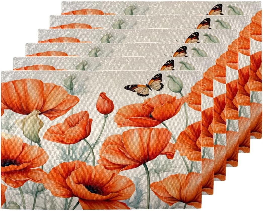 Poppy Butterfly Flower Placemats Set of 6 Non-Slip Heat Stain Resistant Place Mats Wipeable Dining Table Mats for Party Kitchen Dining Table Indoor Outdoor Decoration