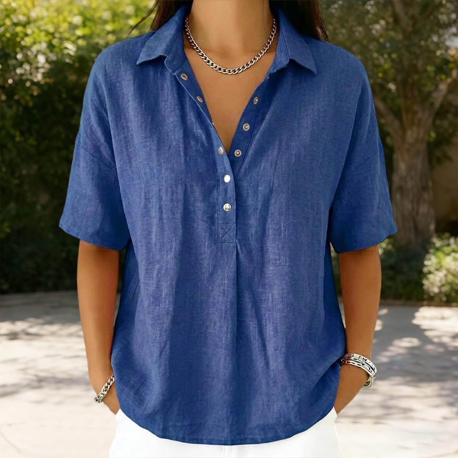 Linen Tops for Women 2026 Summer Cotton Gauze Shirts Button Down V Neck Half Sleeve Blouses Loose Fit Tunic Clothes - 3