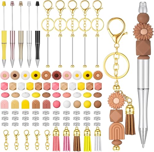 Resholder Juego de 10 bolígrafos con cuentas y llavero con borlas, cierres de langosta, colgantes, cuentas coloridas a granel, kit de fabricación de