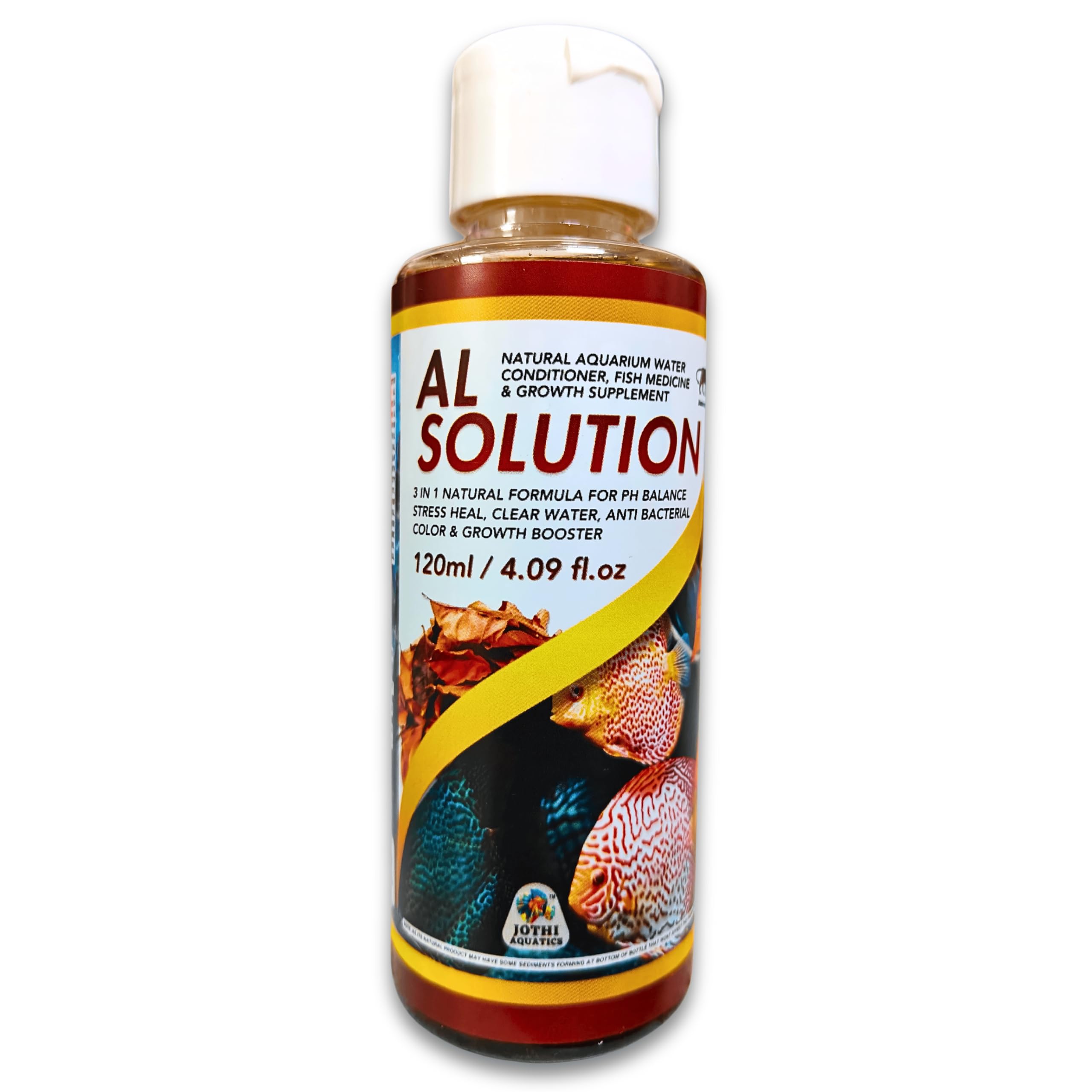 Jothi Aquatics AL Solution Natural Aquarium Water Conditioner, Medicine & Supplement 120ml | pH Balance, Stress Heal, Anti-Bacterial, Color & Growth Booster | for All Freshwater Fish Tank