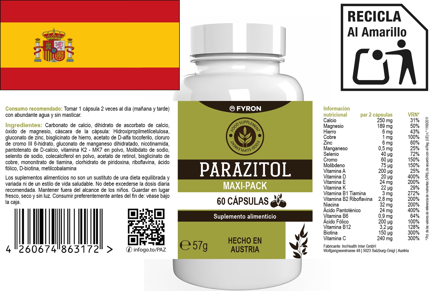 Parazitol - 180 cápsulas (3 x 60 cápsulas) - Pack de 3