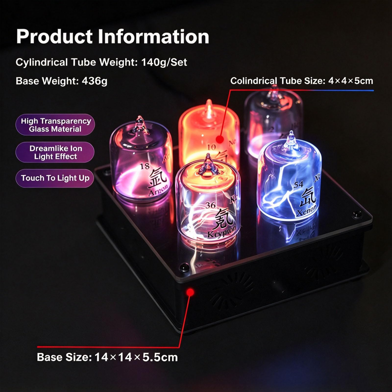 Set Di Tubi A Scarica Di Gas Nobili, 5 Tubi A Scarica Di Gas Rari, Con Base Alimentata, Lampada Al Plasma Di Neon, Elio, Argon, Kripton E Xeno, Luce Notturna Da Scrivania Per Linsegnamento