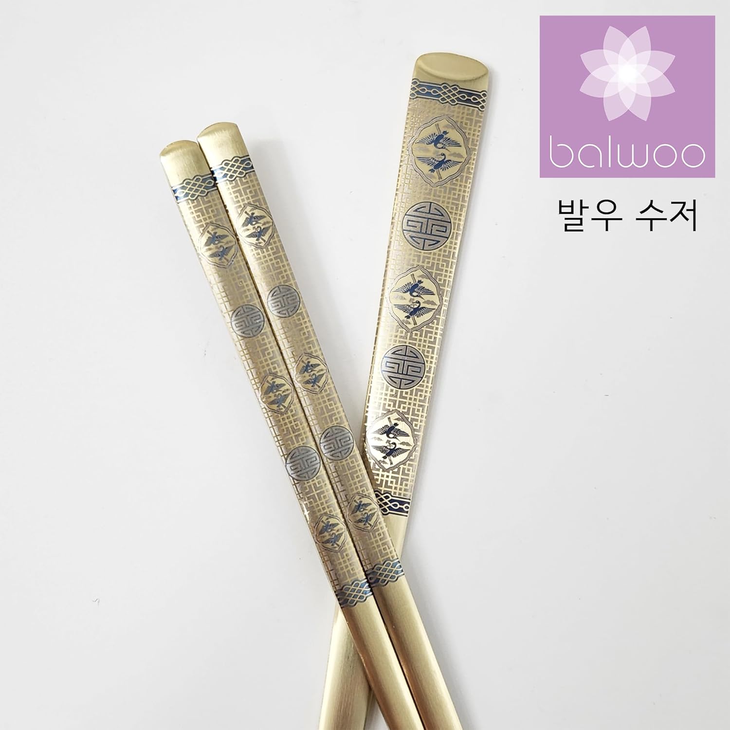 Flying Crane Pattern Design Korean Style Sticky Rice Spoon Chopsticks Set 304 Stainless Titanium Plating Steel Soup Spoon Ramen Chopsticks Flatware (5)