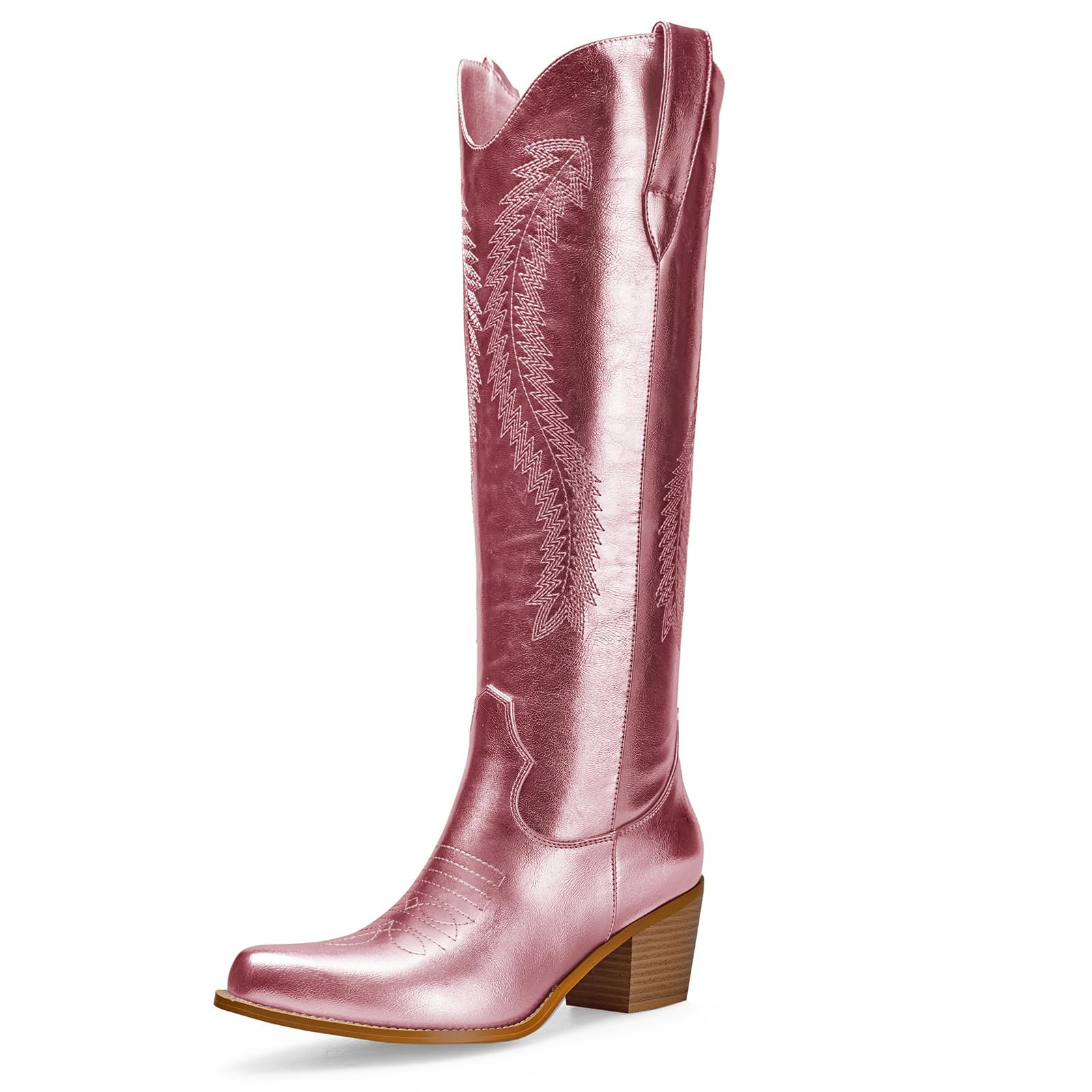 driceic Women's Metallic Knee High Cowboy Boots Western Embroidered Tall Cowgirl Boots Almond Pointed Toe Chunky Heel Wide Wedding Party Bootie For