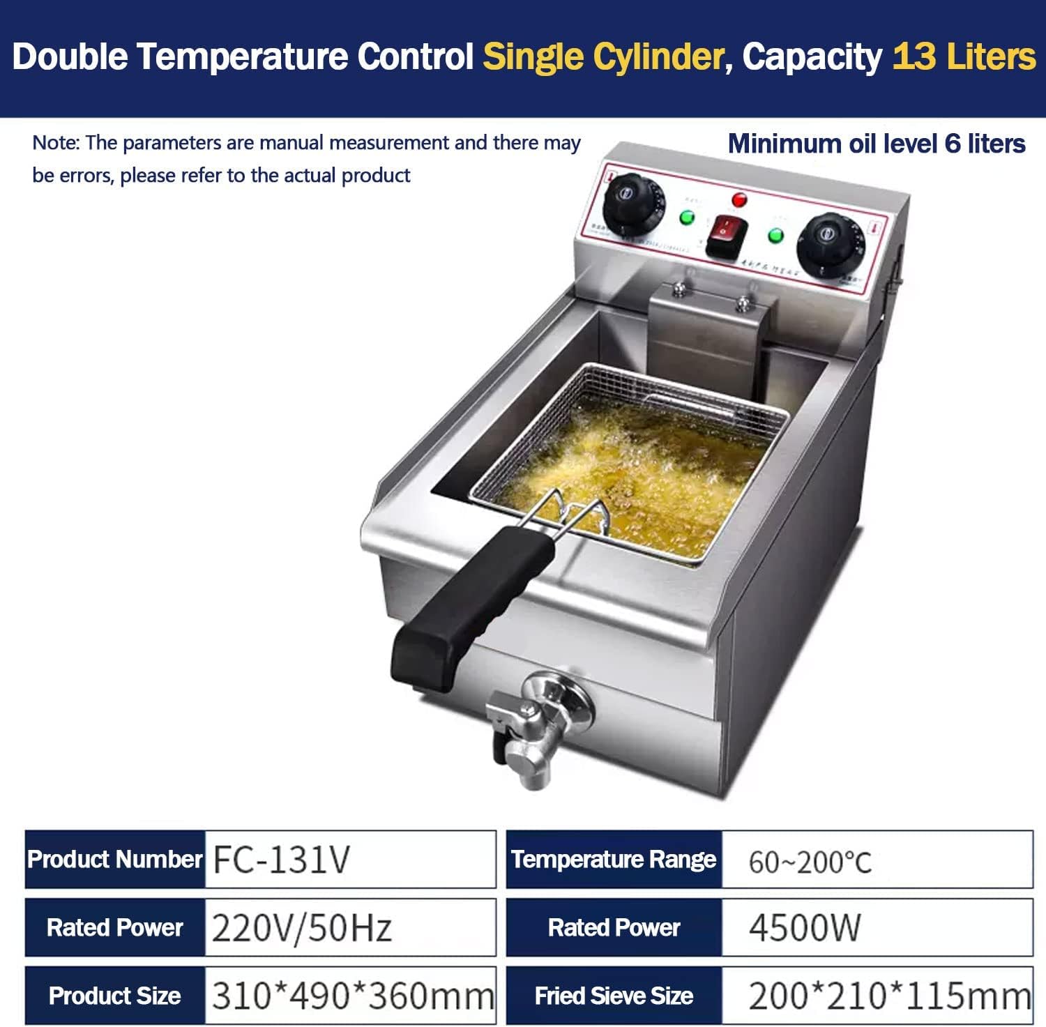 Friggitrice per grassi, friggitrice per trucioli in acciaio inossidabile con coperchi e cestello per l'olio, controllo della temperatura con coperchio in argento e rubinetto di drenaggio (13l )