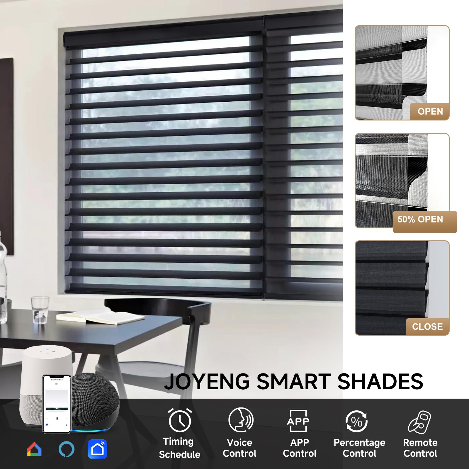 JOYENG Motorized Window Blind Shangri-la Sheer Shade Compatible with Alexa, Remote Control Wireless Battery Light Filtering Dual Layer Shade for Privacy Customized Size (Black—90% Blackout)