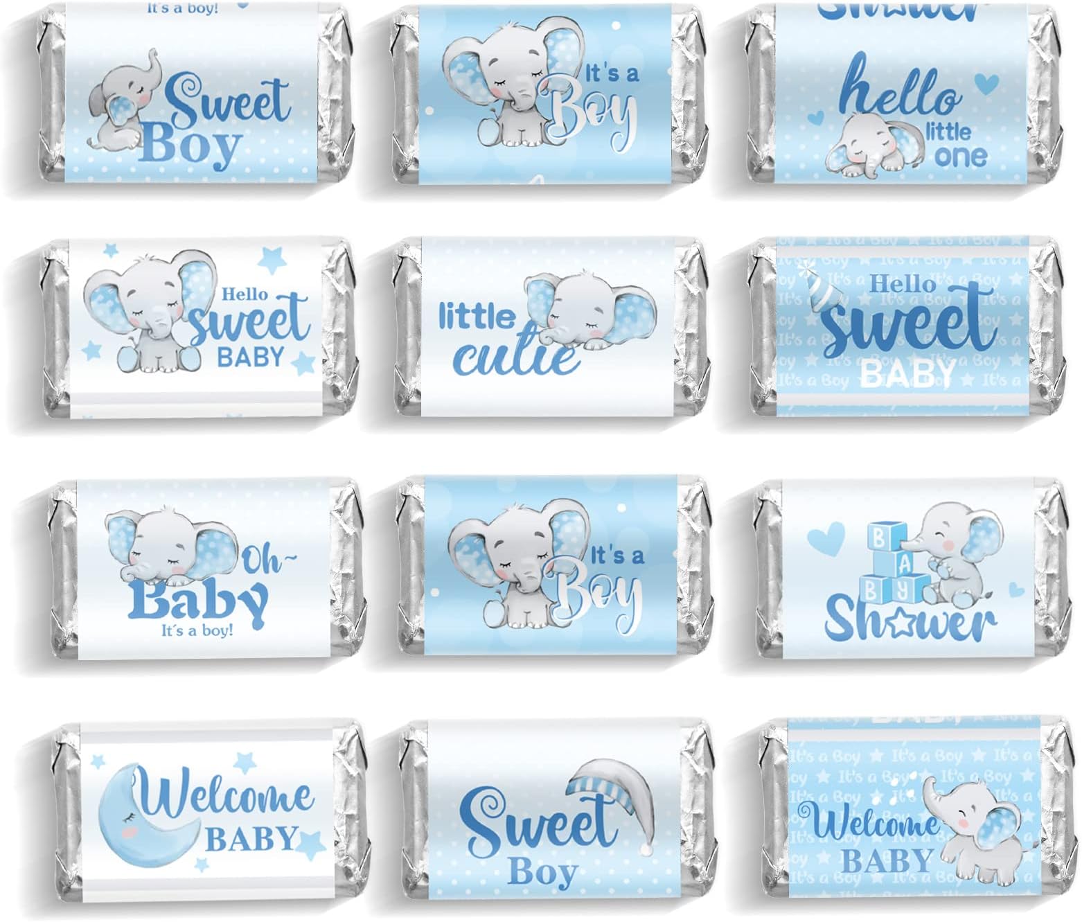 90 Pcs Elephant Theme Baby Shower Candy Wrappers Mini Candy Bar Miniatures Wrappers Chocolate Bar Label Stickers for Gender Reveal Sprinkle Birthday Boy Girl Baby Shower Decoration(Blue)