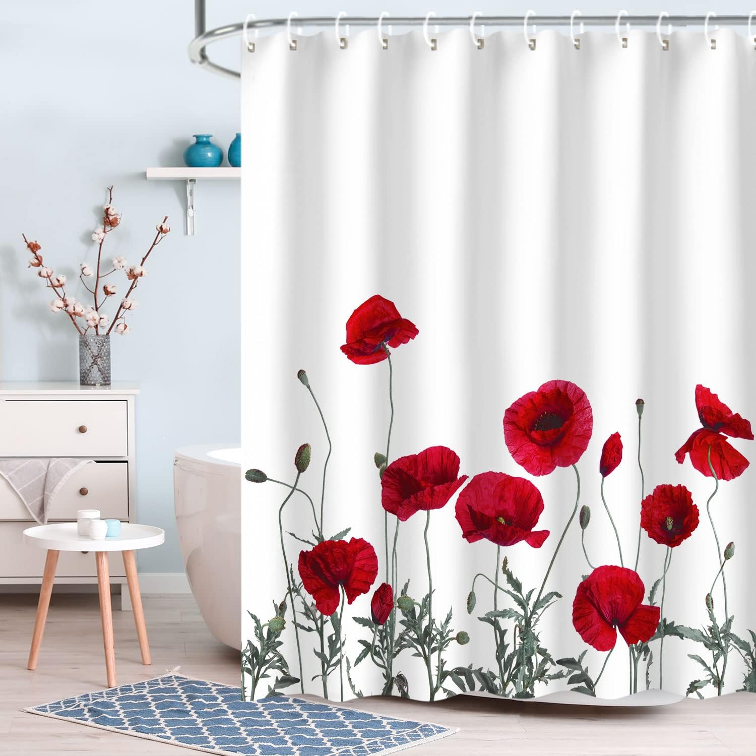 LIVILAN Poppy Shower Curtain Red Shower Curtains for Bathroom Floral Shower Curtain Red Flower Shower Curtain with Hooks Decorative Bright Flowered Fabric Red White Machine Washable, 72" W x 78 H