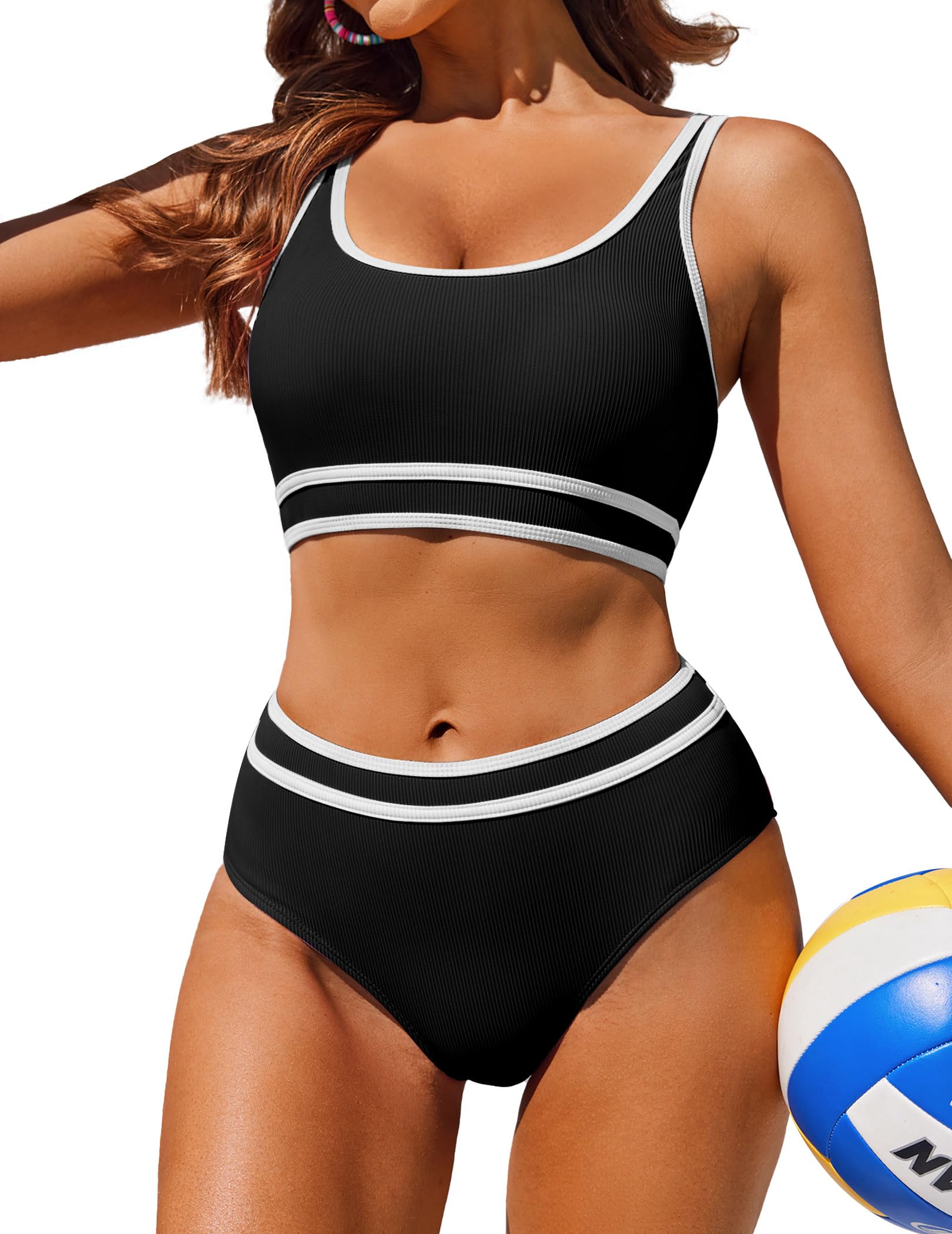 Ekouaer Bikini Damen Set Bauchweg Zweiteiliger Badeanzug Sport Bikini-Sets High Waist Bademode Push Up Gerippt