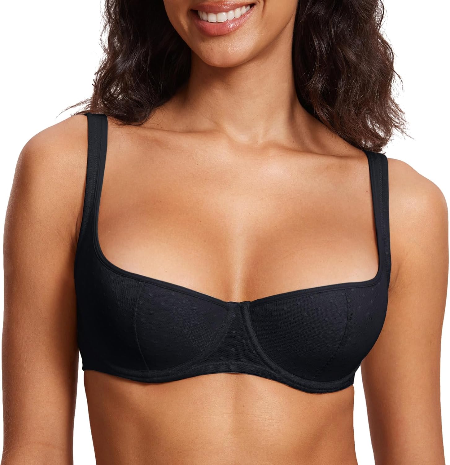 DOBREVA Women's Balconette Bra Lightly Padded Plus Size Sexy Mesh Demi Underwire Bras Wide Cushioned Straps