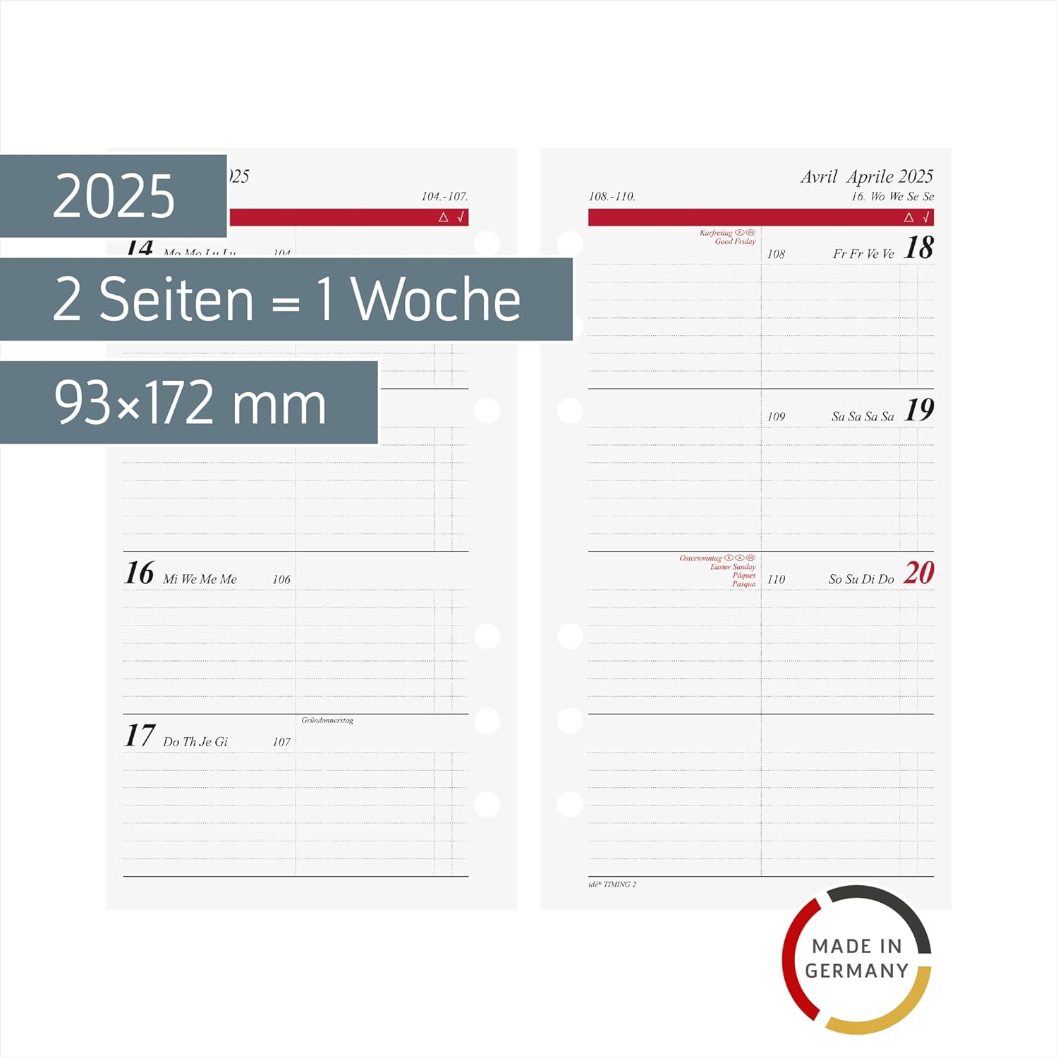 rido/idé Weekly Calendar Timing 2 (2025), 2 Pages = 1 Week, 93 × 172 mm, 128 Pages