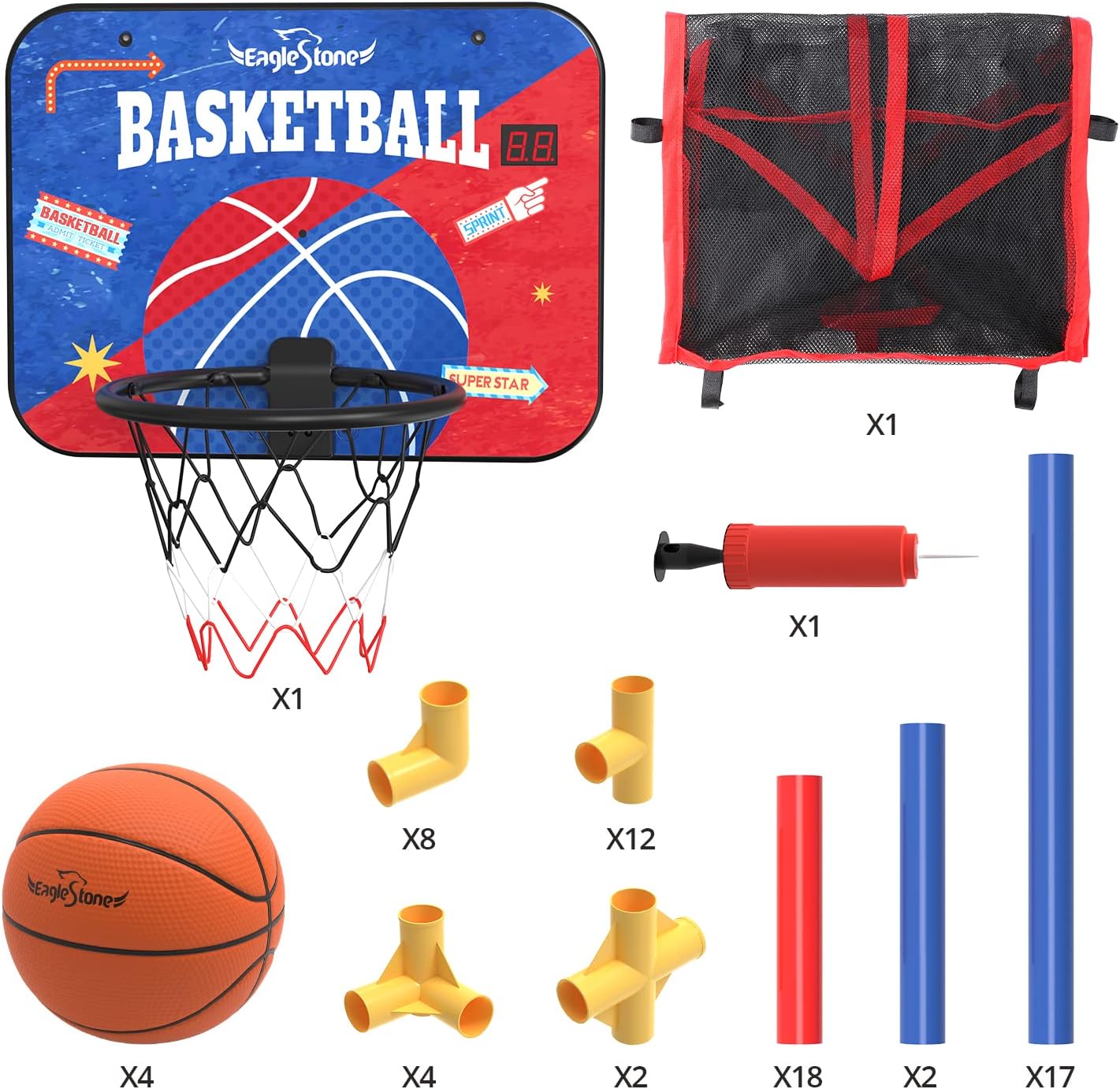 All components of the EagleStone Kids Arcade Basketball Game laid out on a white surface, including pipes, connectors, backboard, balls, and pump.