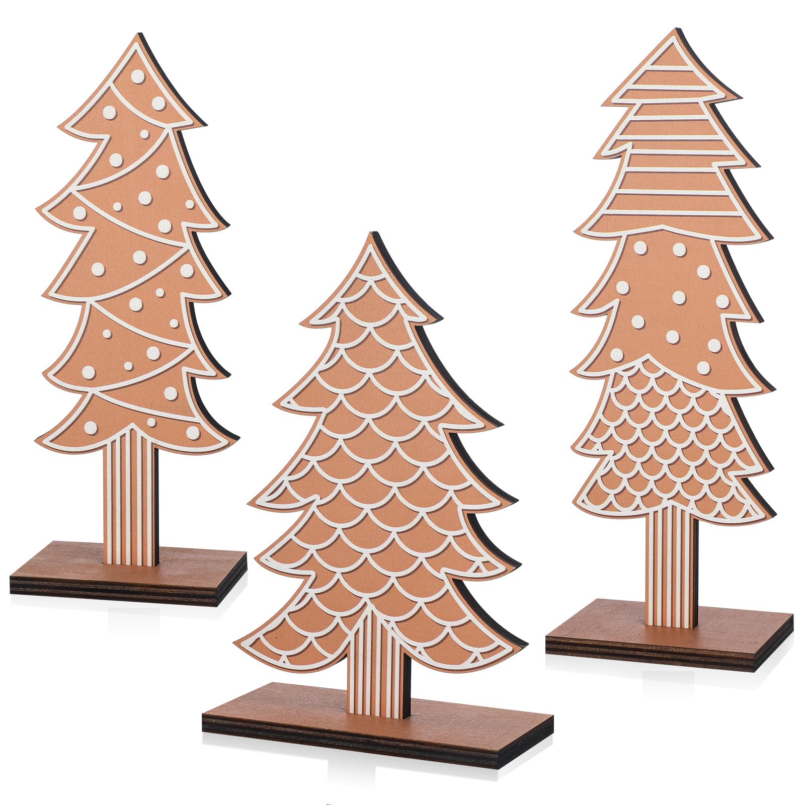 Meooeck 6 Pcs Gingerbread Christmas Decor Gingerbread Wooden Christmas Tree Tabletop with Base Standing Centerpieces for Table Party Xmas Home Decoration