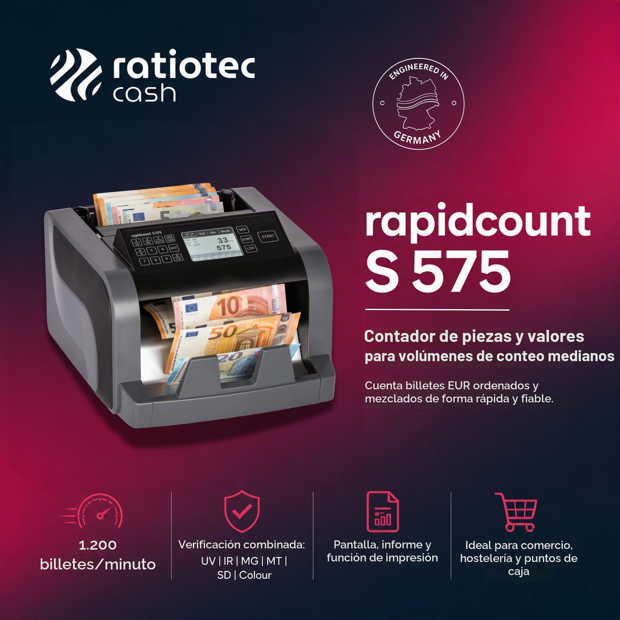 ratiotec Máquina contadora de billetes rapidcount S 575 para billetes mixtos con valoración en negro