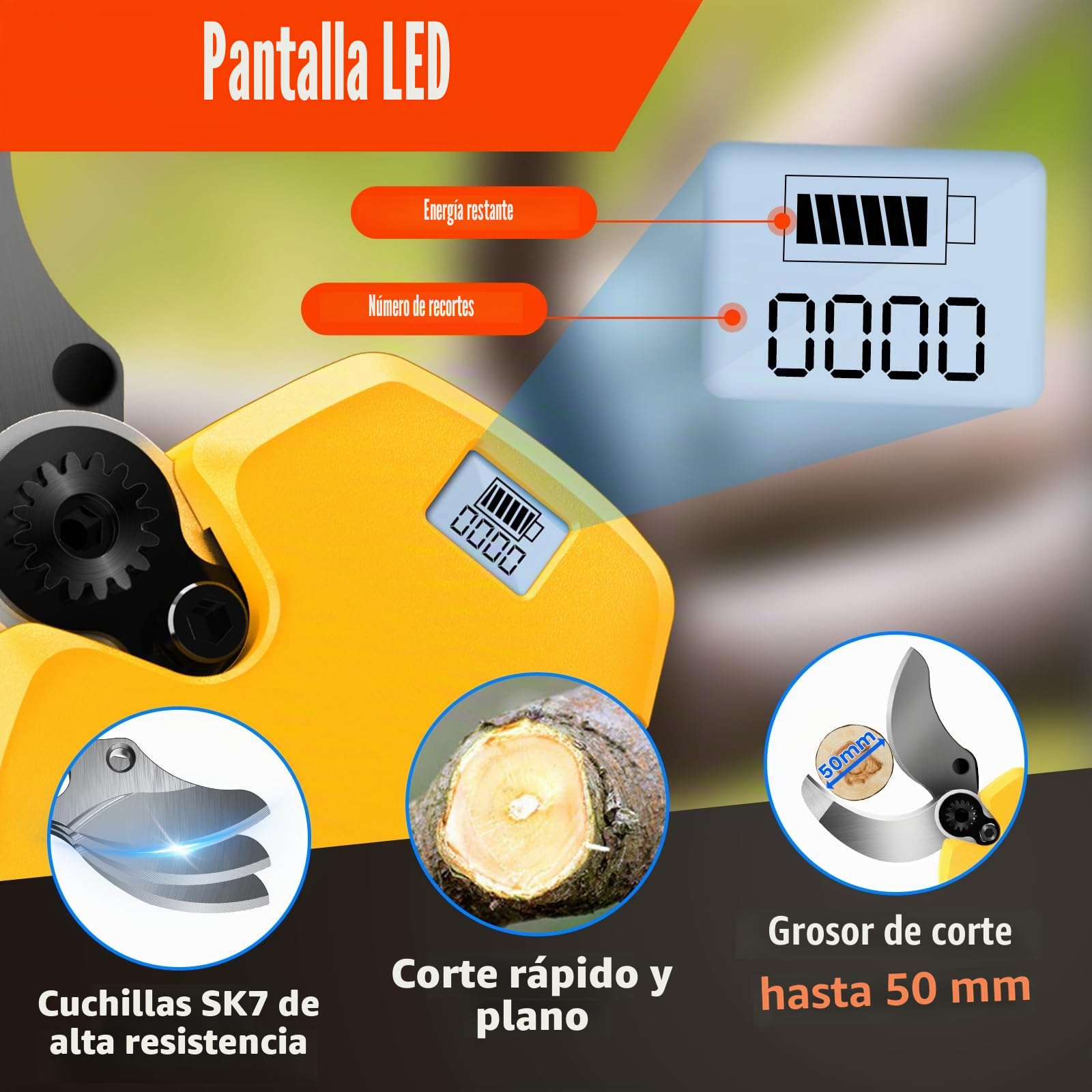 Tijeras de Podar Electricas, Apertura Máxima de La Hoja 40-50 mm, 2*2Ah Batería Sk7 cuchilla, 2 Tamaños de Apertura con Monitor, Tijeras de Podar con Motor Brushless para Jardinería,Árboles Frutales