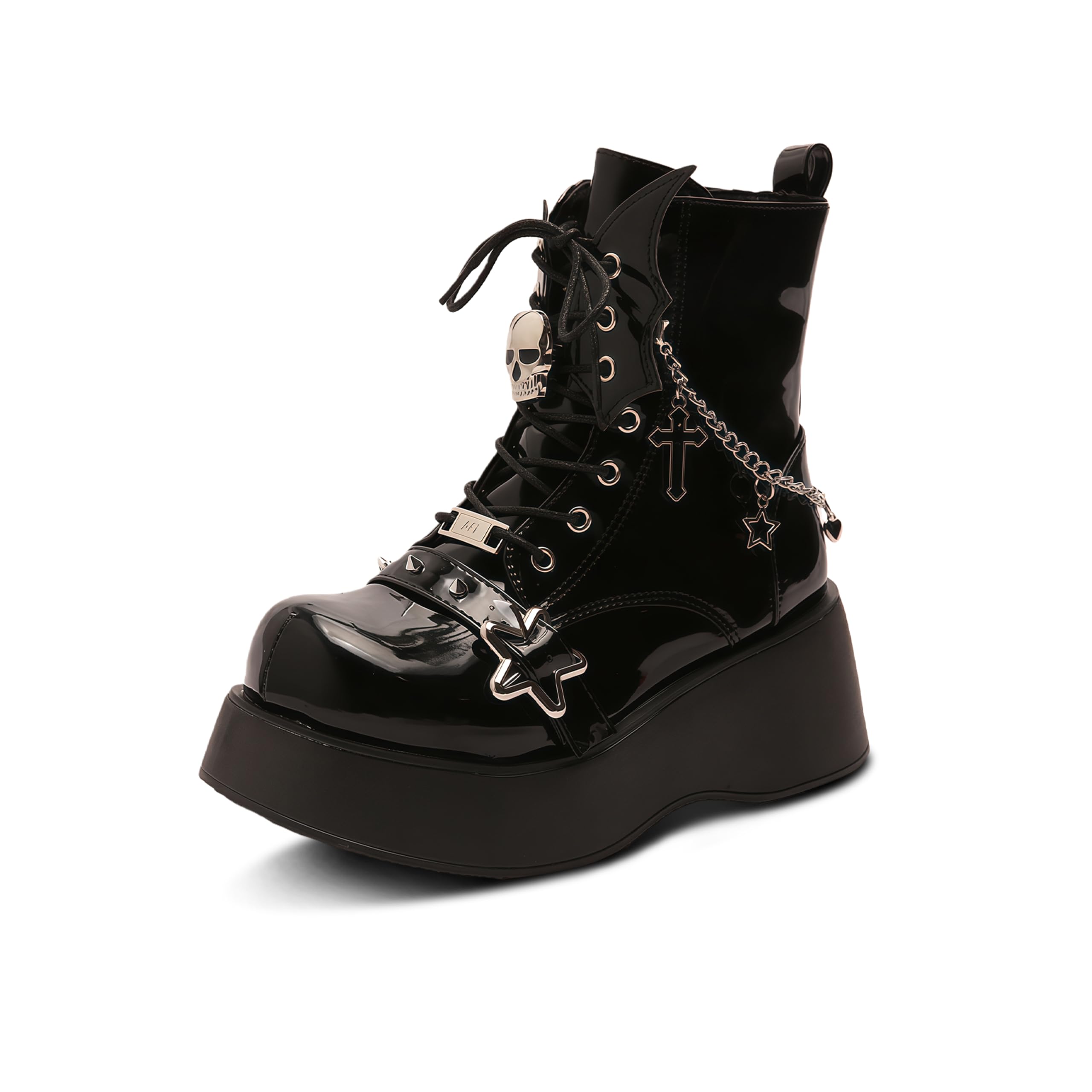 Womens Y2K Gothic Punk Ankle Boots Visual Kei Grunge Style with Studded Star Cross Skull Decor Metal Buckle