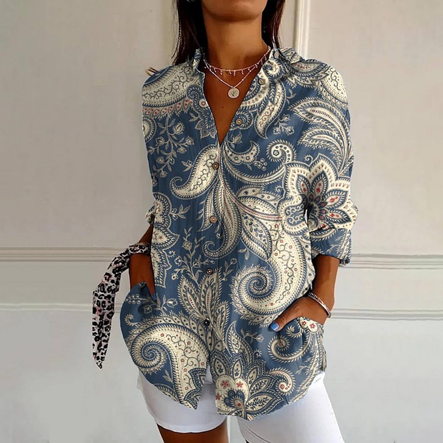 Women's Boho Long Sleeve Button Up Linen Shirts Casual Floral Collared Tops Fall Spring Summer Comfy Graphic Blouse for Women - Image 5