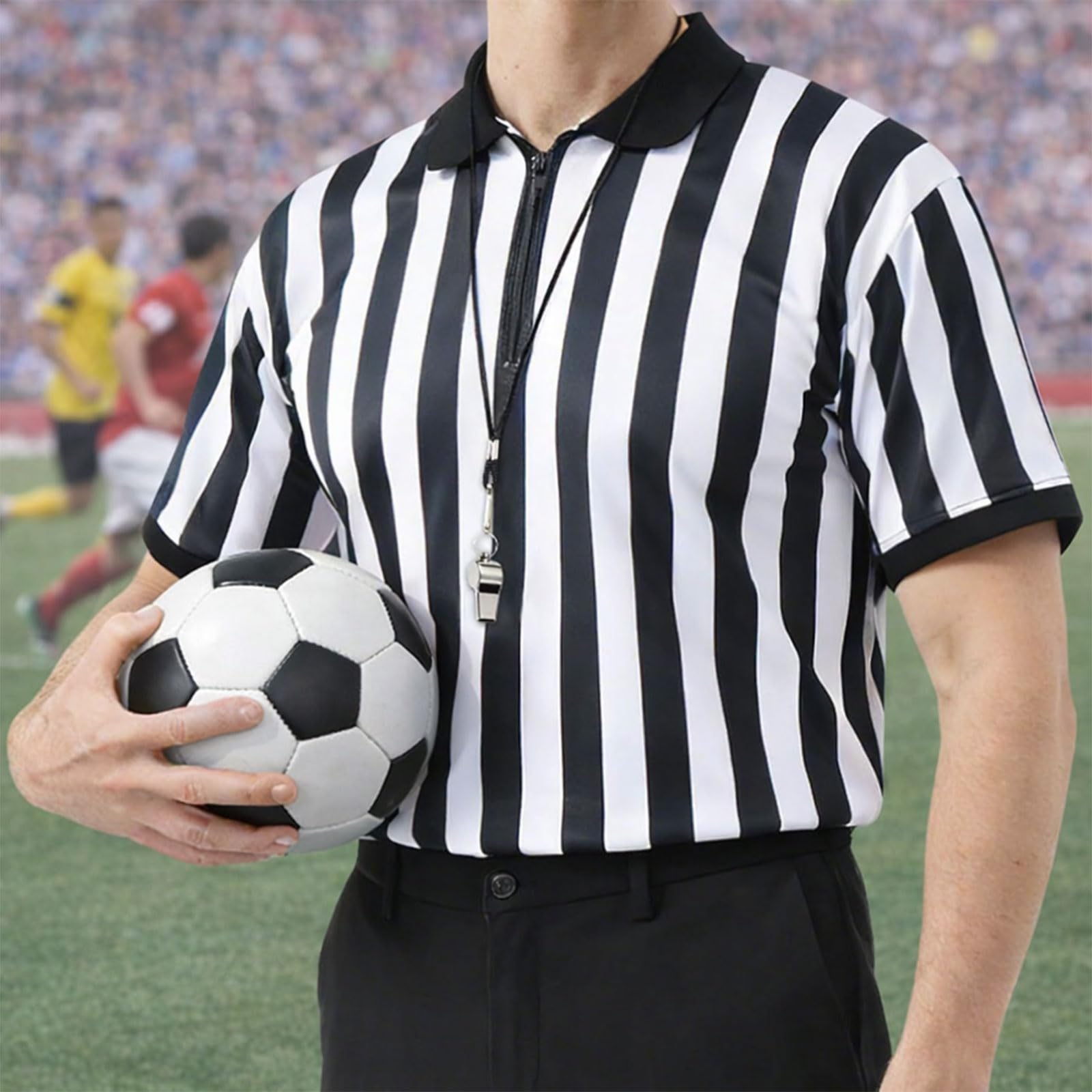 Conjunto de Uniforme de Árbitro 4 Piezas con Cuello Cremallera, Silbato, Sombrero y Bandera para Fútbol