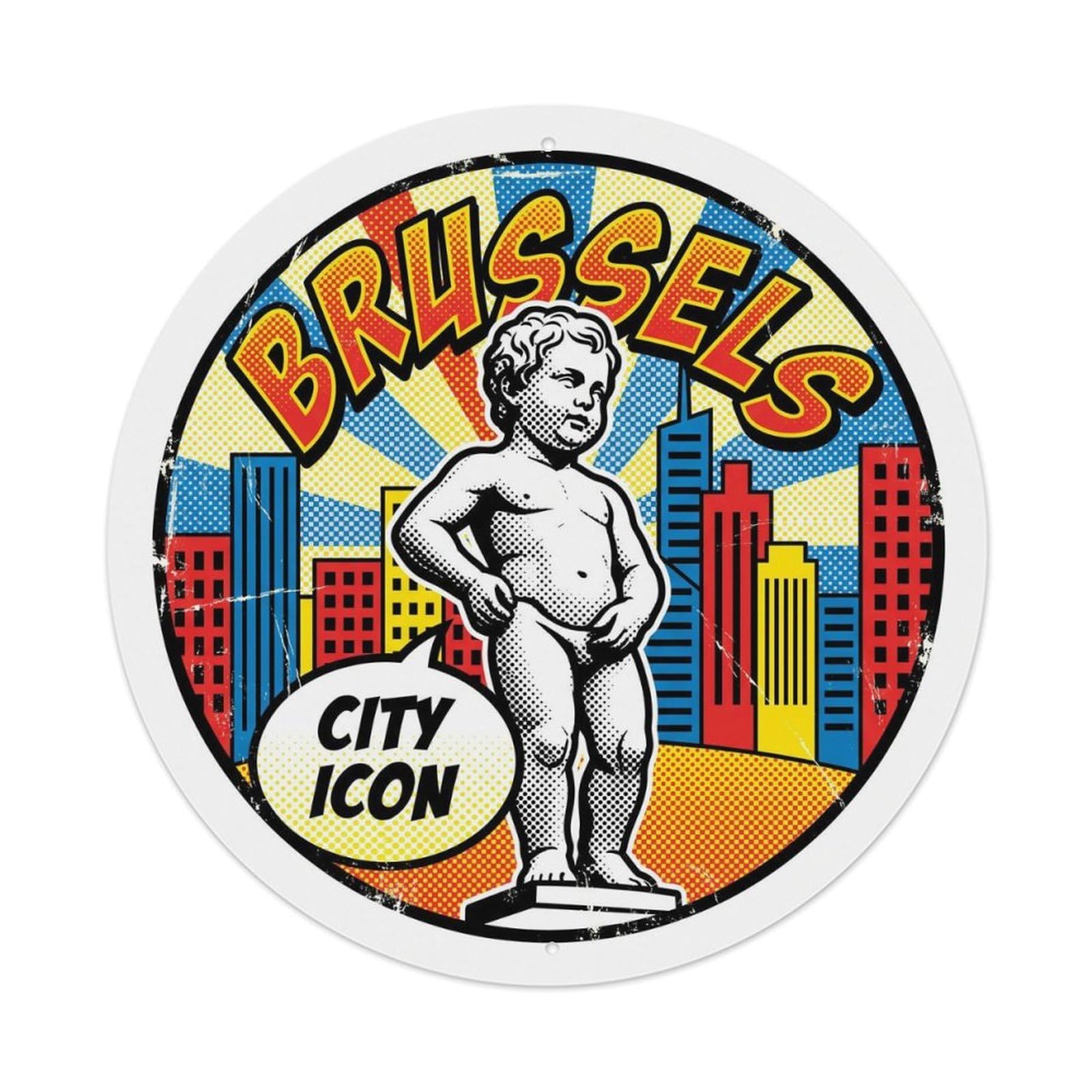 Vintage Travel Boy Brussels Metal Tin Sign Plaque Wall Decor for Cafe, Club, Garden Round Metal Poster 8x8Inch