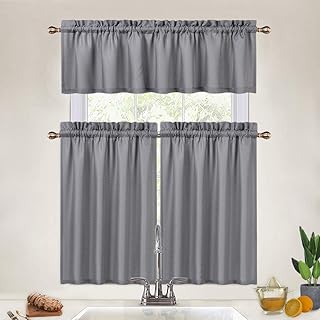 CAROMIO Grey Kitchen Curtains 36 Inch Length Set, 3 Pcs Waffle Weave Short Tier Curtains and Valance Set for Cafe Bathroom Window Curtains, Grey
