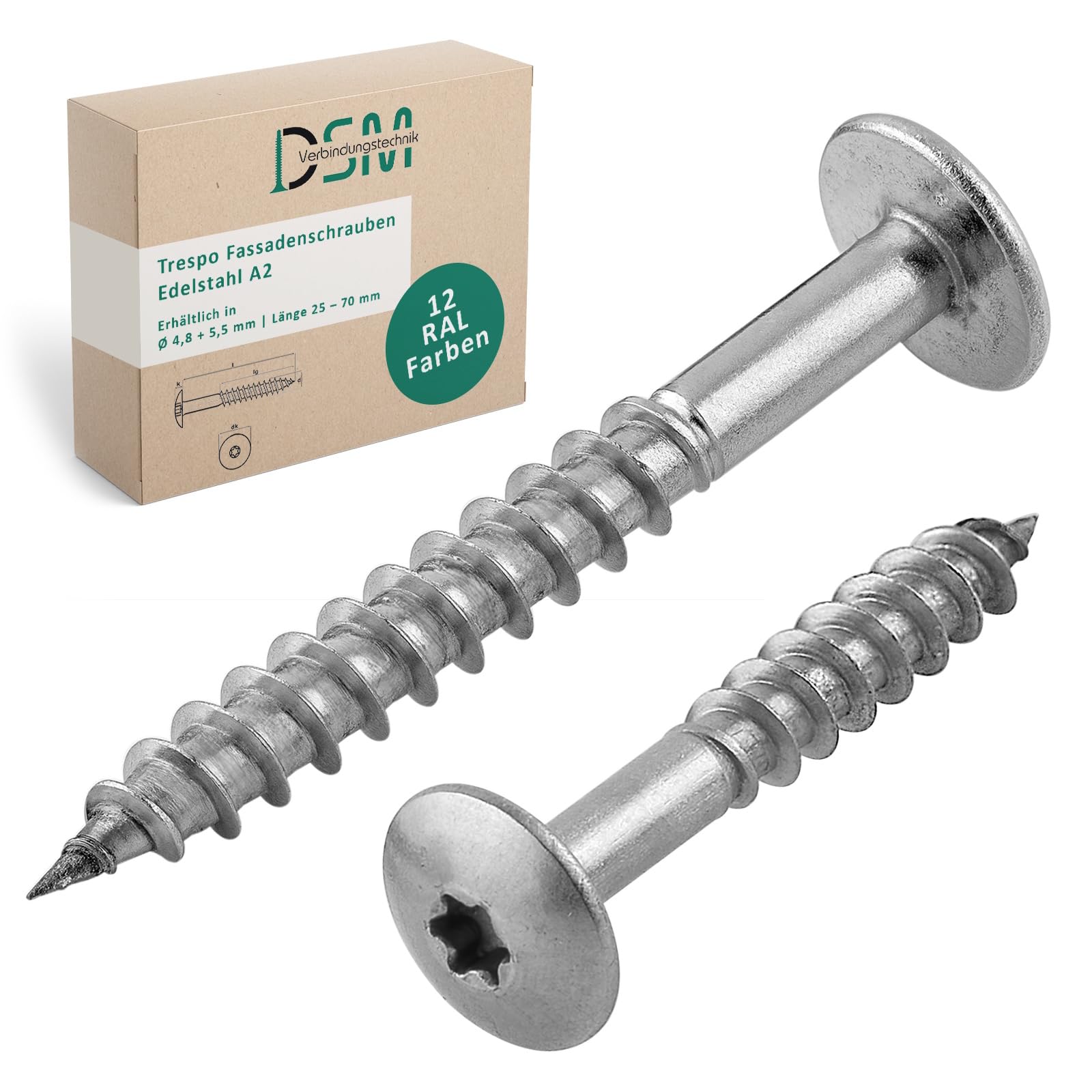 DSM – Vis de façade Trespo 4,8 x 70 mm – Acier inox A2 – tête fraisée ronde avec empreinte TX20 – auto-perçante & résistante à la corrosion – Vis pour bois – Idéal pour panneaux HPL – Lot de 500