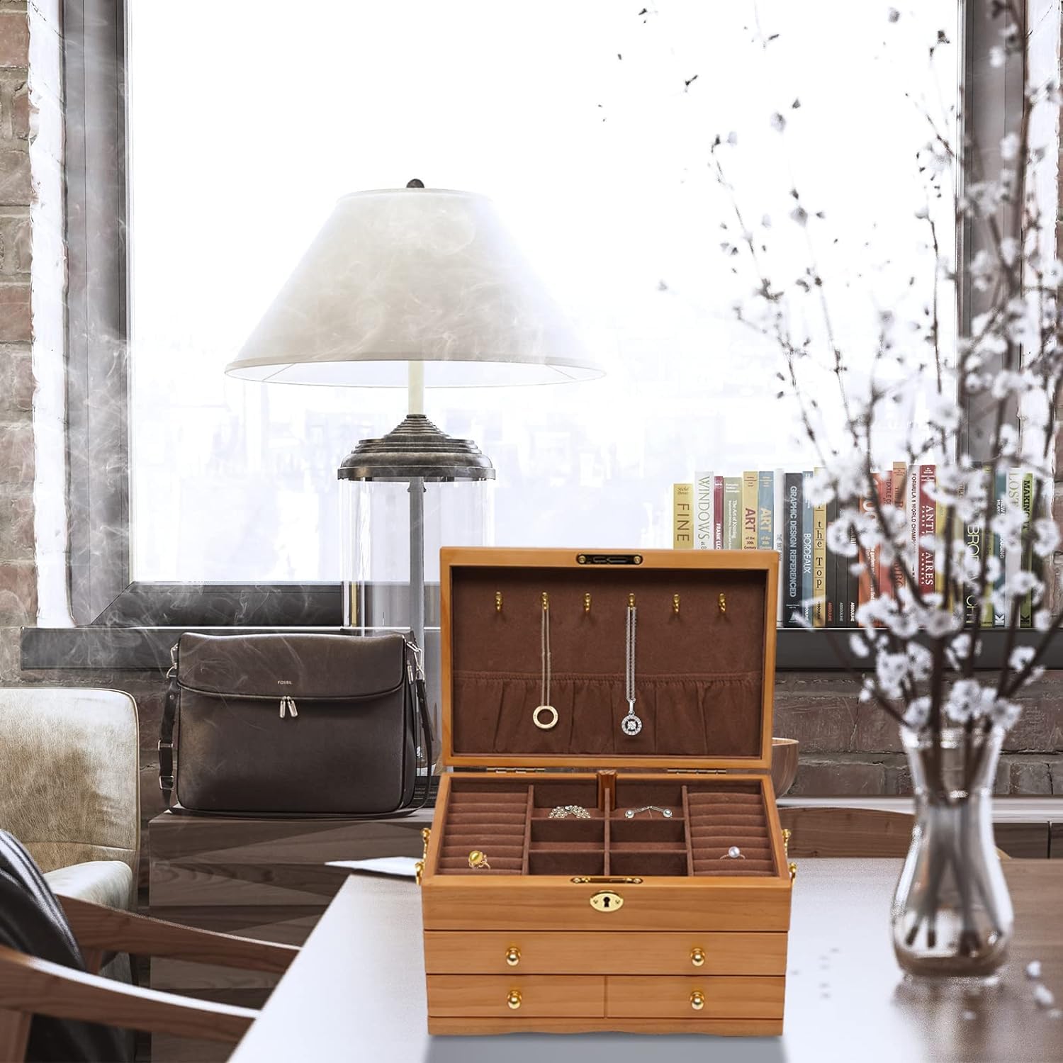 Portagioie a 3 livelli, terzo piano, anello regalo, 2 cassetti, con chiusura a chiave, in legno, per anelli, orecchini, collane, bracciali