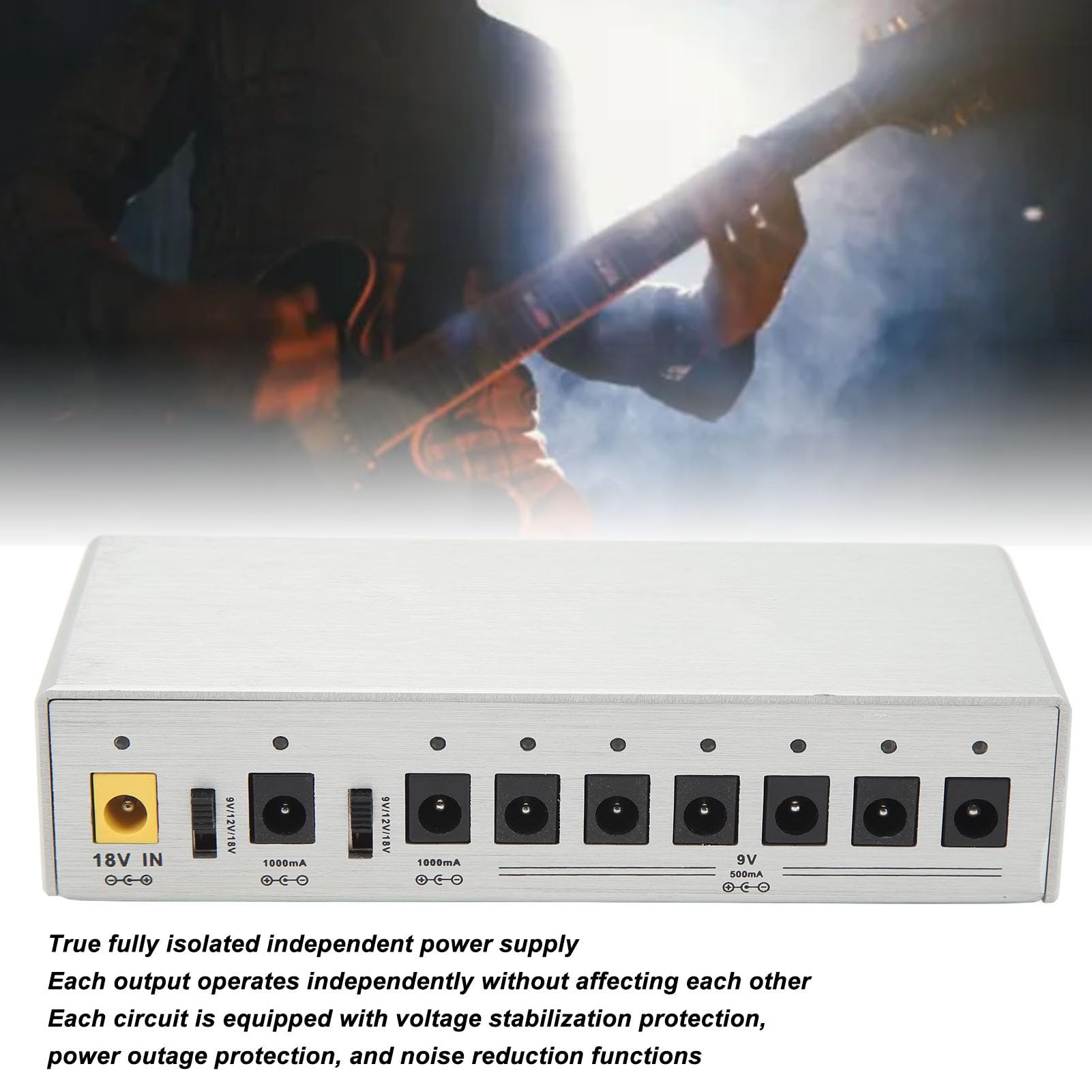 Airshi Gitarren-Effektpedal-Netzteil, Gehäuse aus Aluminiumlegierung, 8 Ausgänge, Isolierte Rauschunterdrückung, CR8-Gitarren-Netzteil für 18-V-Effektpedal