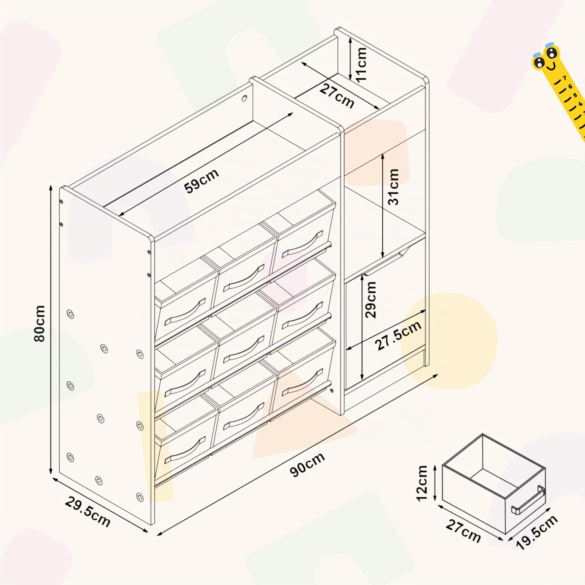 [en.casa] Kinderregal Søndreland Bücherregal für Kinder mit 9 Aufbewahrungsboxen Spielzeugregal mit Schrank 80 x 90 x 30 cm Spielzeug Aufbewahrung Dinosaurier Motiv