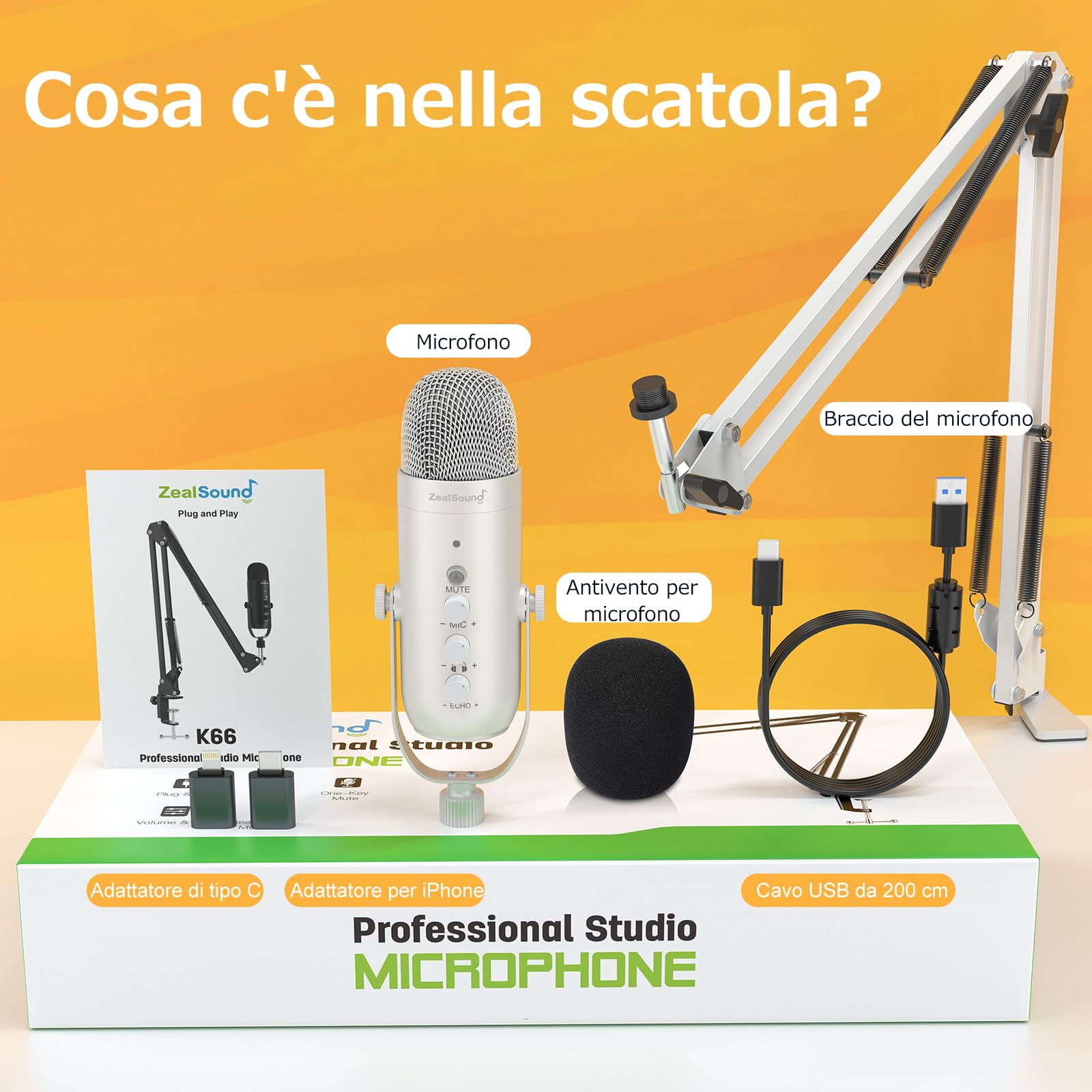 zealsound Microfono USB, condensatore podcast per computer PC Plug&Play, kit microfono cardioide in metallo con chipset audio professionale per registrazione, giochi, canto, YouTube, bianco