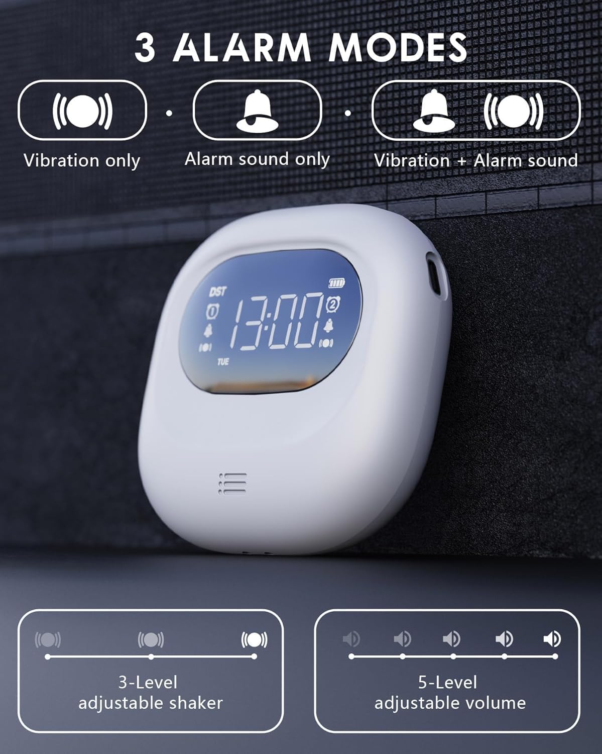 ROCAM Vibrating Alarm Clock showing three alarm modes: Vibration only, Alarm sound only, and Vibration + Alarm sound. Also indicates 3-level adjustable shaker and 5-level adjustable volume.