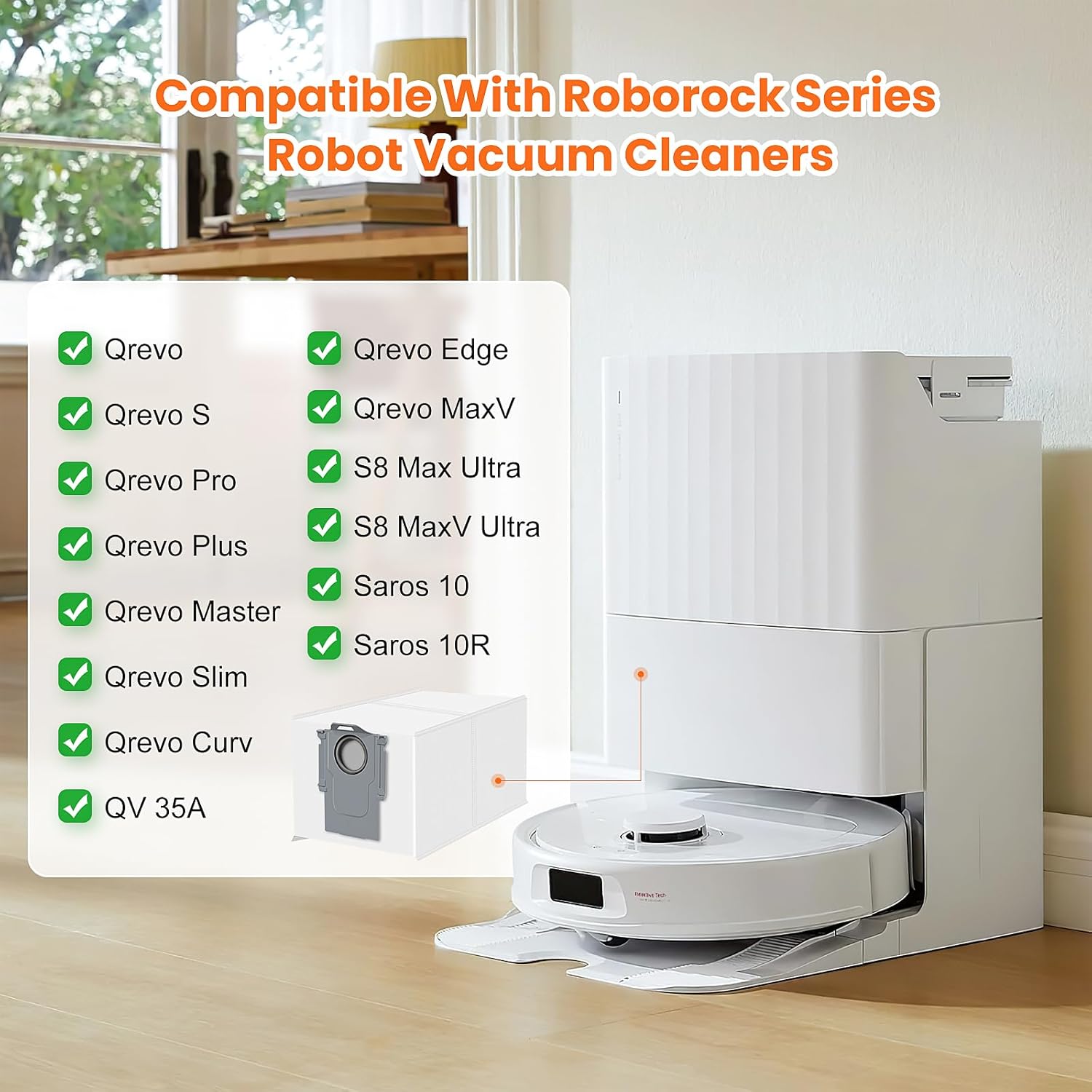 24 Pack Qrevo Dust Bags for Roborock QV 35A/Saros 10R/Qrevo S/Qrevo Pro/Qrevo Plus/Qrevo Master/Qrevo Slim/Qrevo Curv/Qrevo Edge/S8 MaxV Ultra Robot Vacuum, 3L Large Capacity Replacement Dust Bag