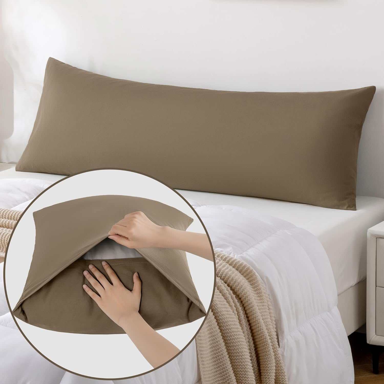 JELLYMONI Pillowcase Body 1pc Cotton Envelope Pillow Cover Khaki 20×54in Bed Pillow Case 100% Washed Cotton Soft Breathable (Pillows are not Included) - Image 4