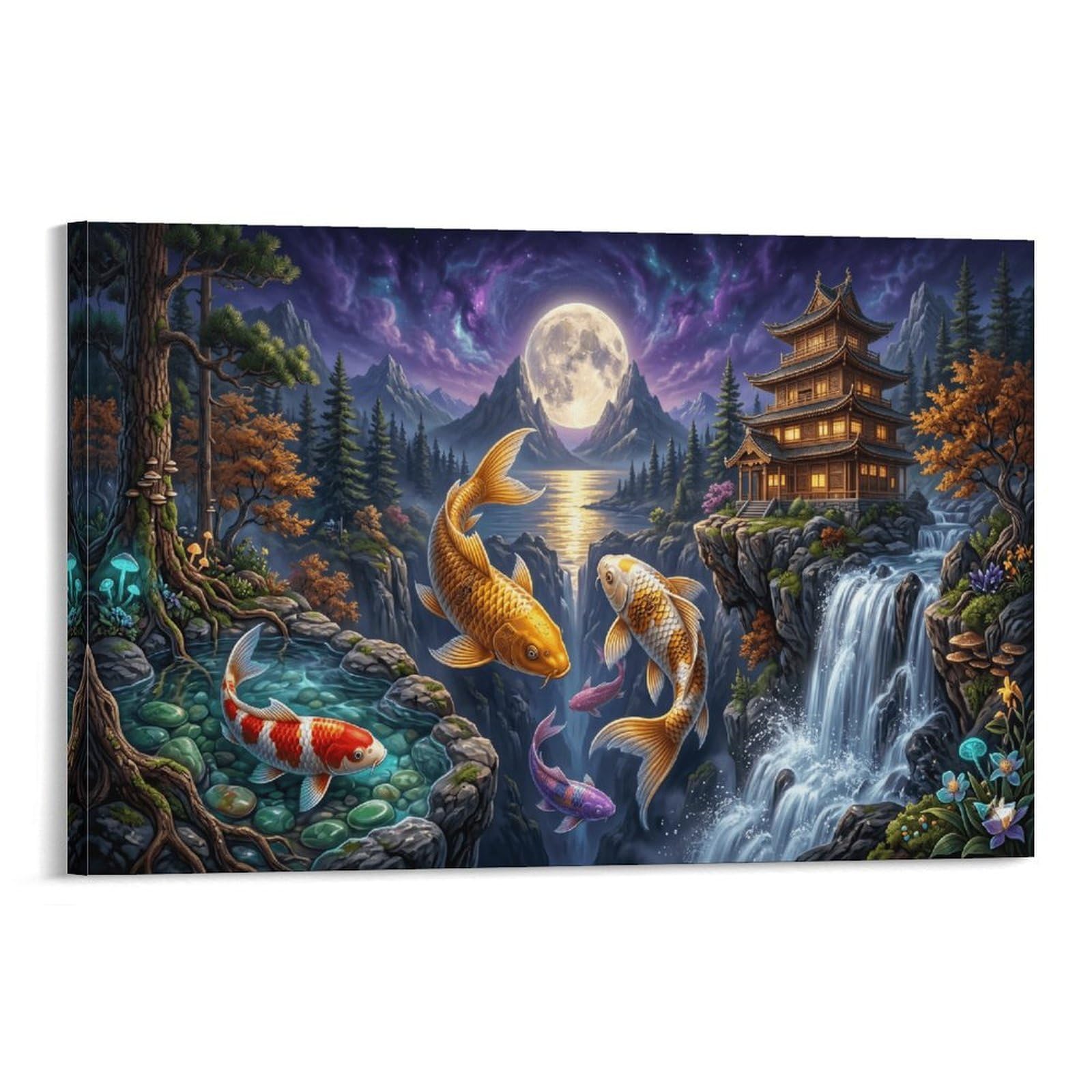 XPASHIQWC Koi Fish Wall Decor Poster Moonlit Ancient Pagoda Canvas Prints Picture Modern Canvas Wall Art Picture Wall Hanging for Bathroom Wall Decor 20x30inch(50x75cm)