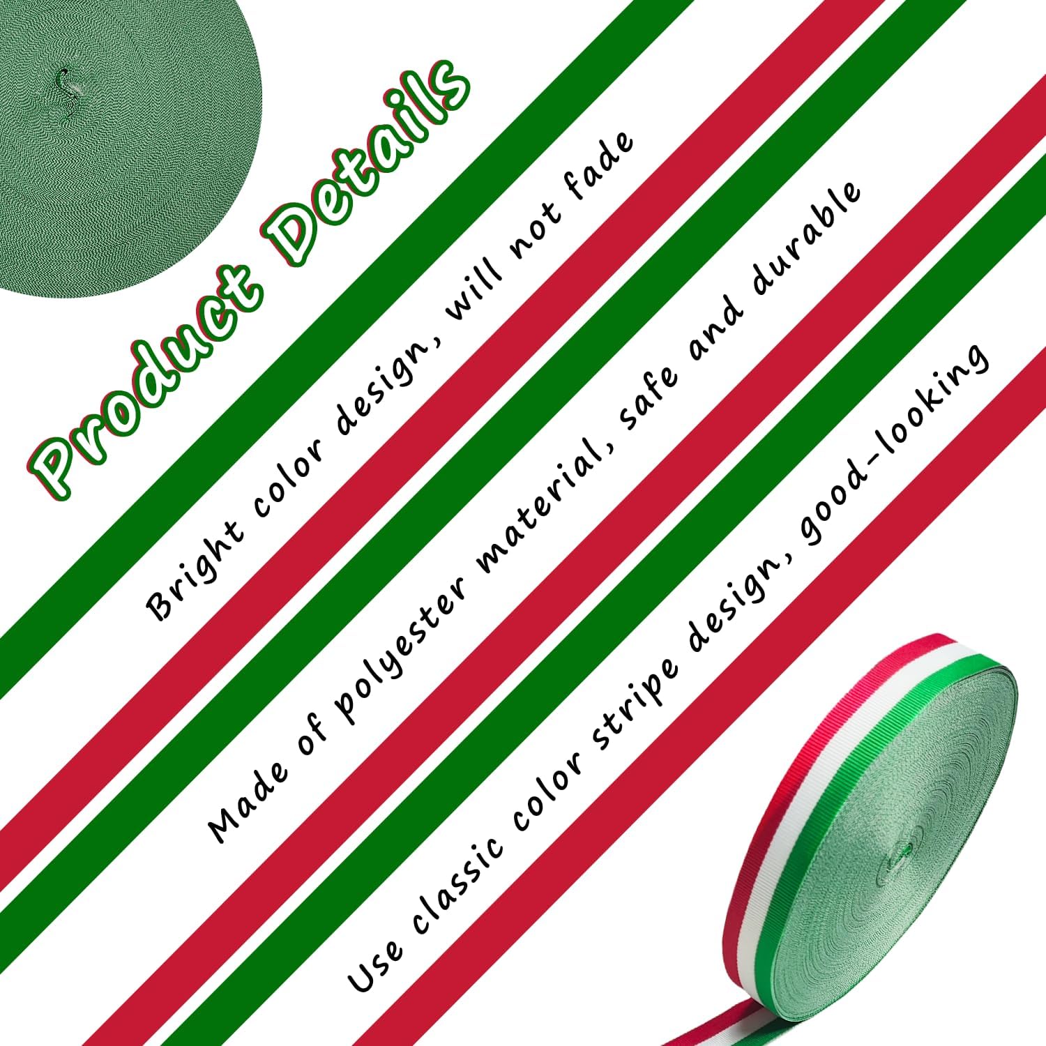 Double Faced Green/White/Red Grosgrain Ribbon Striped, 55 Yards 1 Inch Polyester Fabric Ribbon for DIY Crafts Gift Wrapping Christmas Party Wedding Decoration