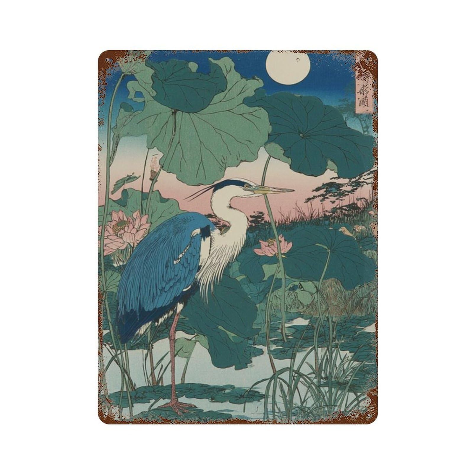xiaoxiaoshen Japanese Heron Bird Moonlit Lotus Nature Elegant Asian Woodblock Style Wall Decor Art Metal Tin Poster Modern Home Decor Art Home Bar Shop Decorations Vintage Sign 40x30cm