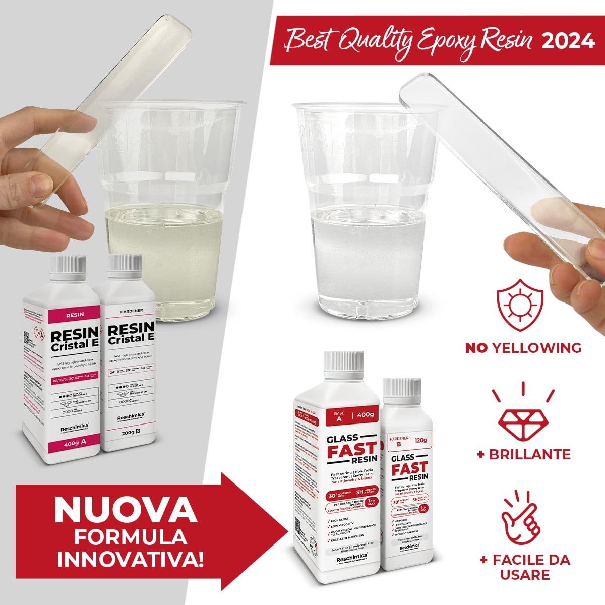 Resina trasparente rapida, effetto vetro - Ideale per gioielli, finiture e decorazioni fai-da-te, DIY. Resina liquida colorabile e facile da usare - Glass Fast Resin (520 gr)