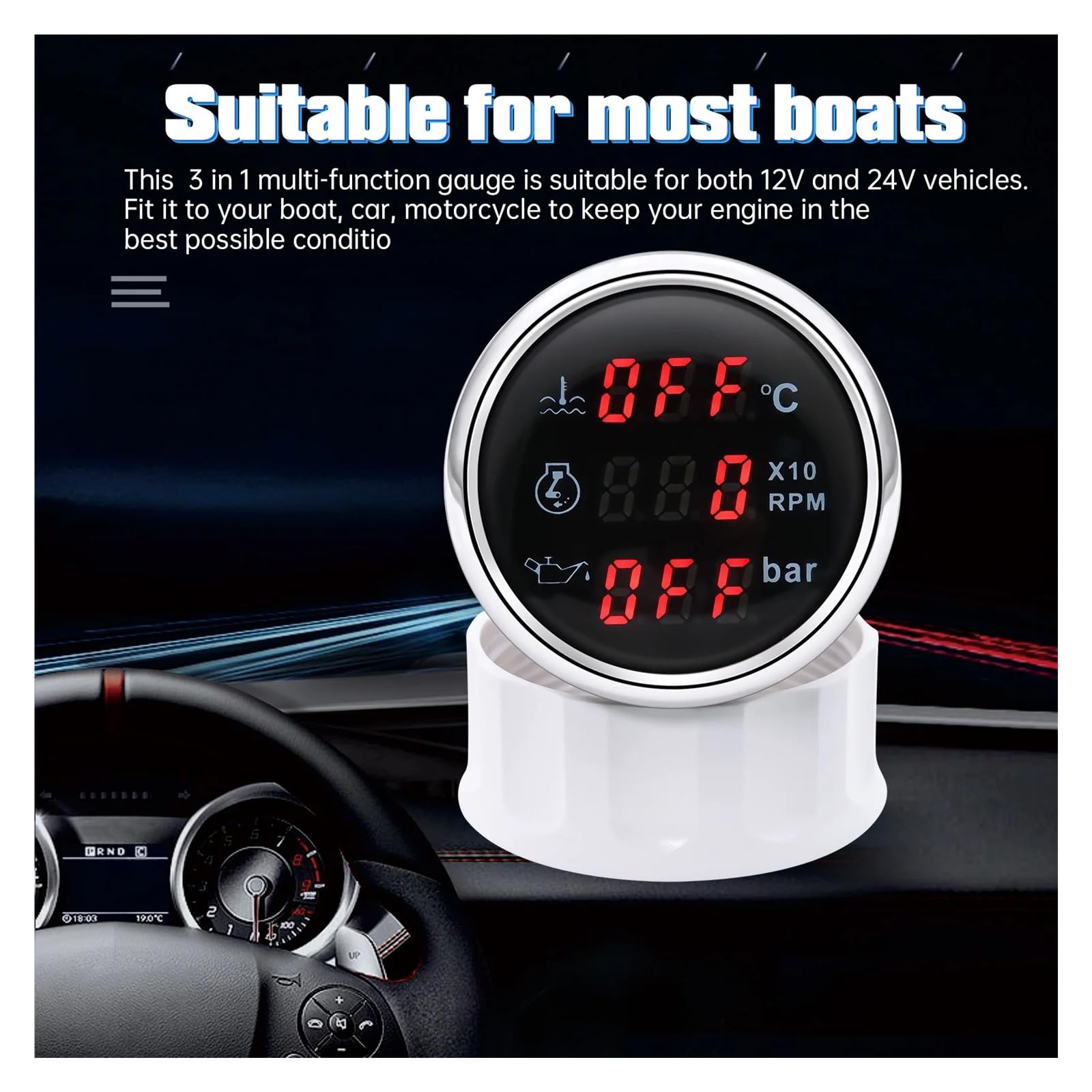 3 IN 1 Auto-Digitalanzeige, 52 mm Öldruck + Drehzahlmesser + Wassertemperaturanzeige mit Alarmtemperatursensor NPT 1/8 U/min-Sensoren Klare Messwerte(Black)