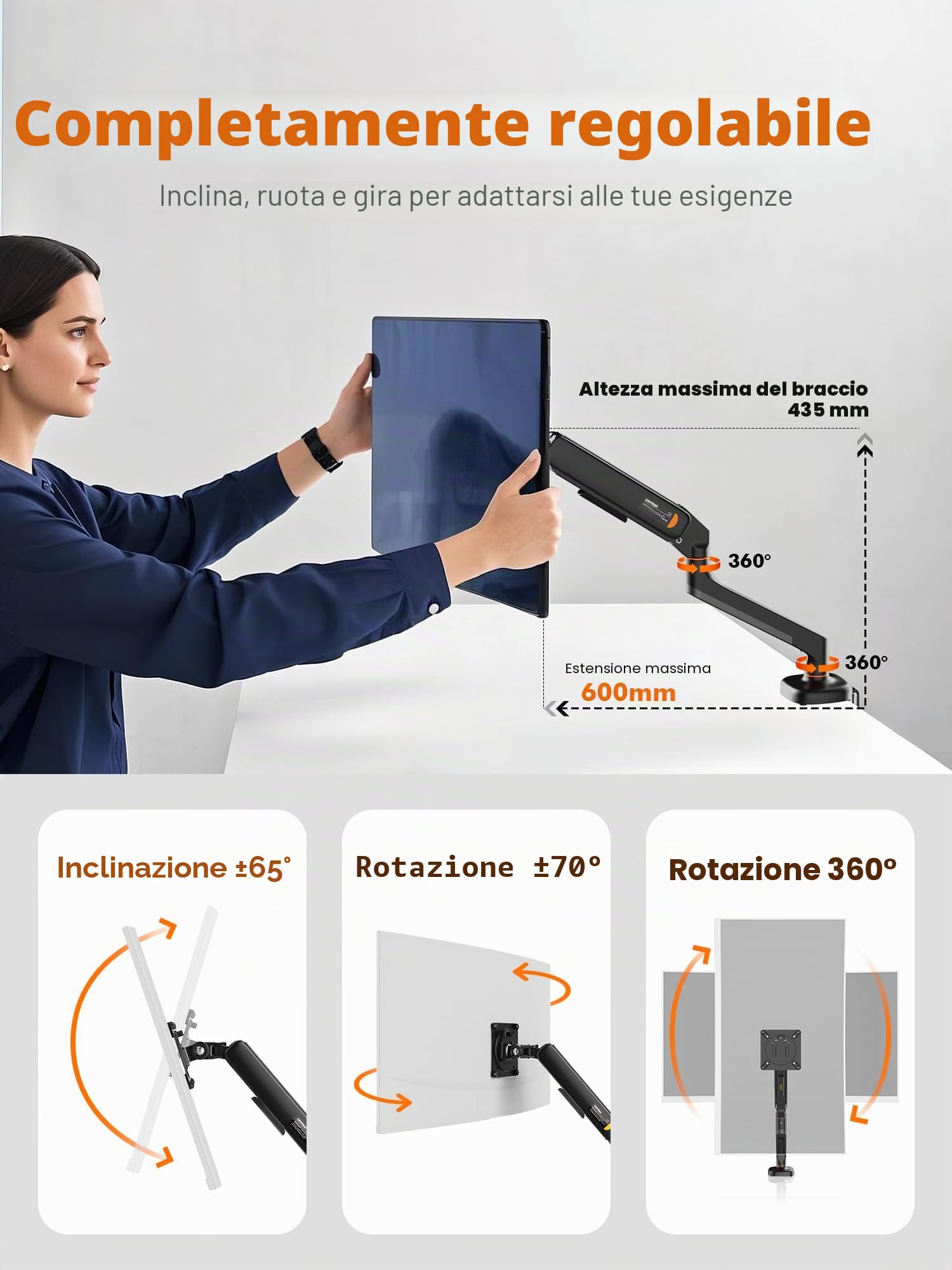 Ibergrif Supporto Monitor da Scrivania per Schermi da 13-32", Braccio di Monitor Regolabile in Altezza con Molla a Gas, Inclinazione, Girevole, Rotazione, Gestione dei Cavi, VESA 75/100 mm -Nero