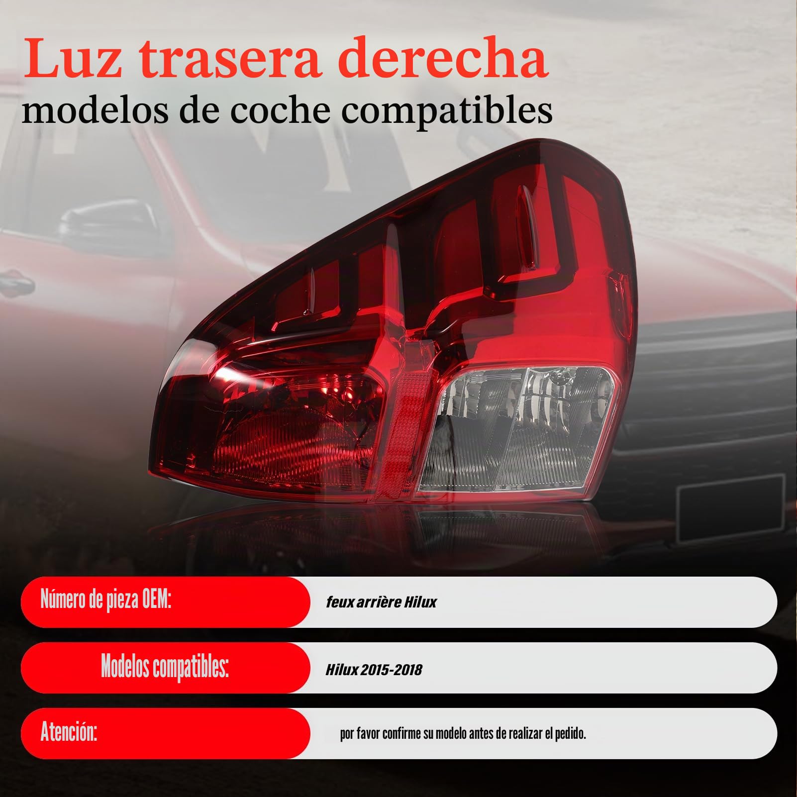 Piloto Trasero Derecha Toyota Hilux pick-up 2015-2018 Faro Trasero Exterior con arnés de cables foco Trasero