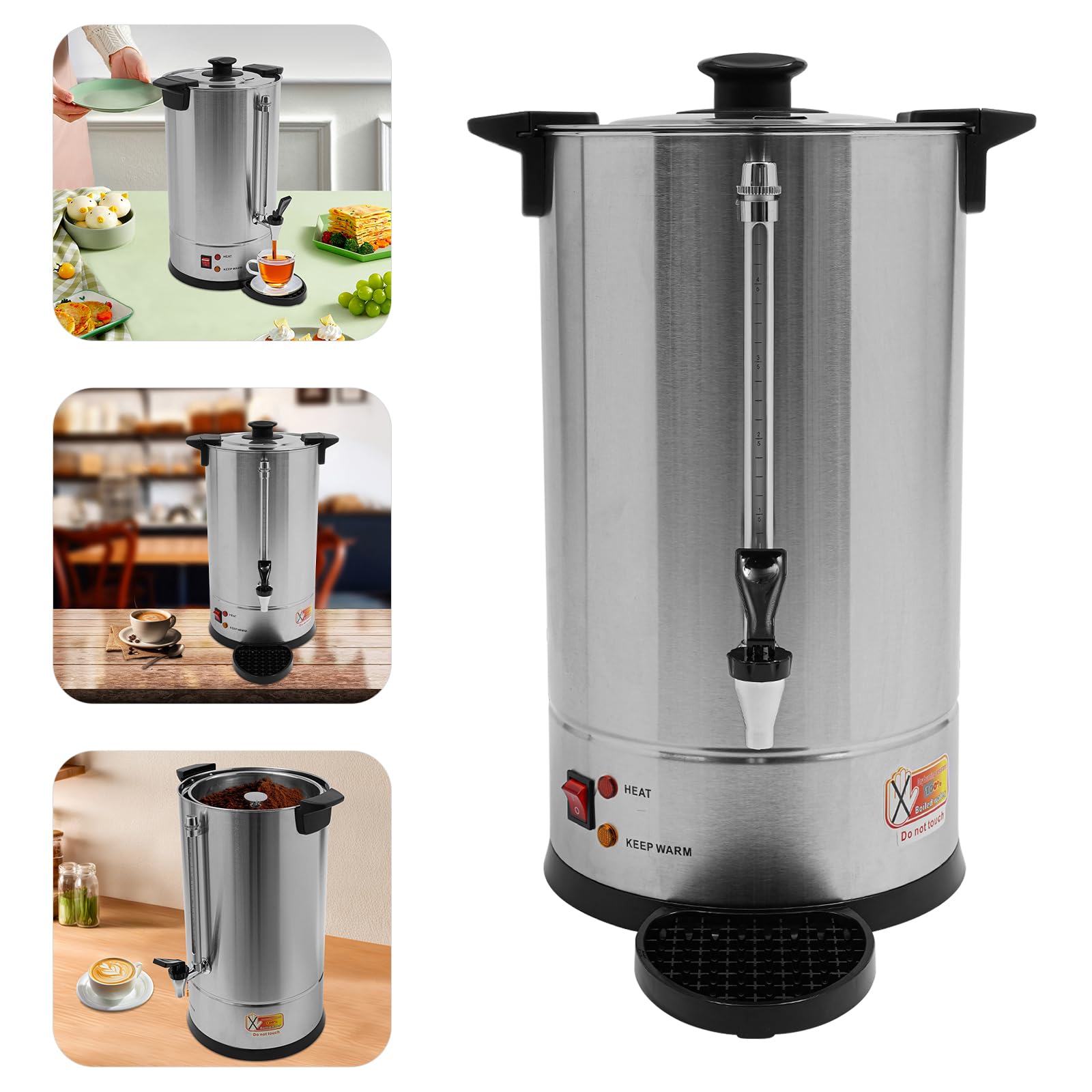 15L Coffee Urn 1500W Electric Hot Water Dispenser Modern Coffee Pot Maker with Faucet and Indicator Light for Wedding Party Catering Events Commercial and Home Use, Silver & Black
