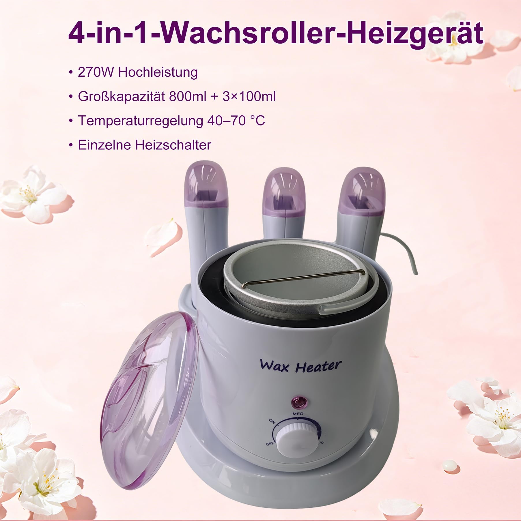 4 in1 Professioneller Wachswärmer, 800ml Wax Maschine + 3×100g Roll on Heißwachsgerät mit separaten Schaltern, Wachsgerät zur haarentfernung, Waxing Set für Ganzkörper-Haarentfernung